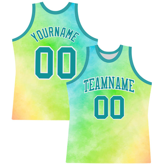 Custom Tie Dye Teal-White Round Neck Sublimation Basketball Set Jersey - Main View