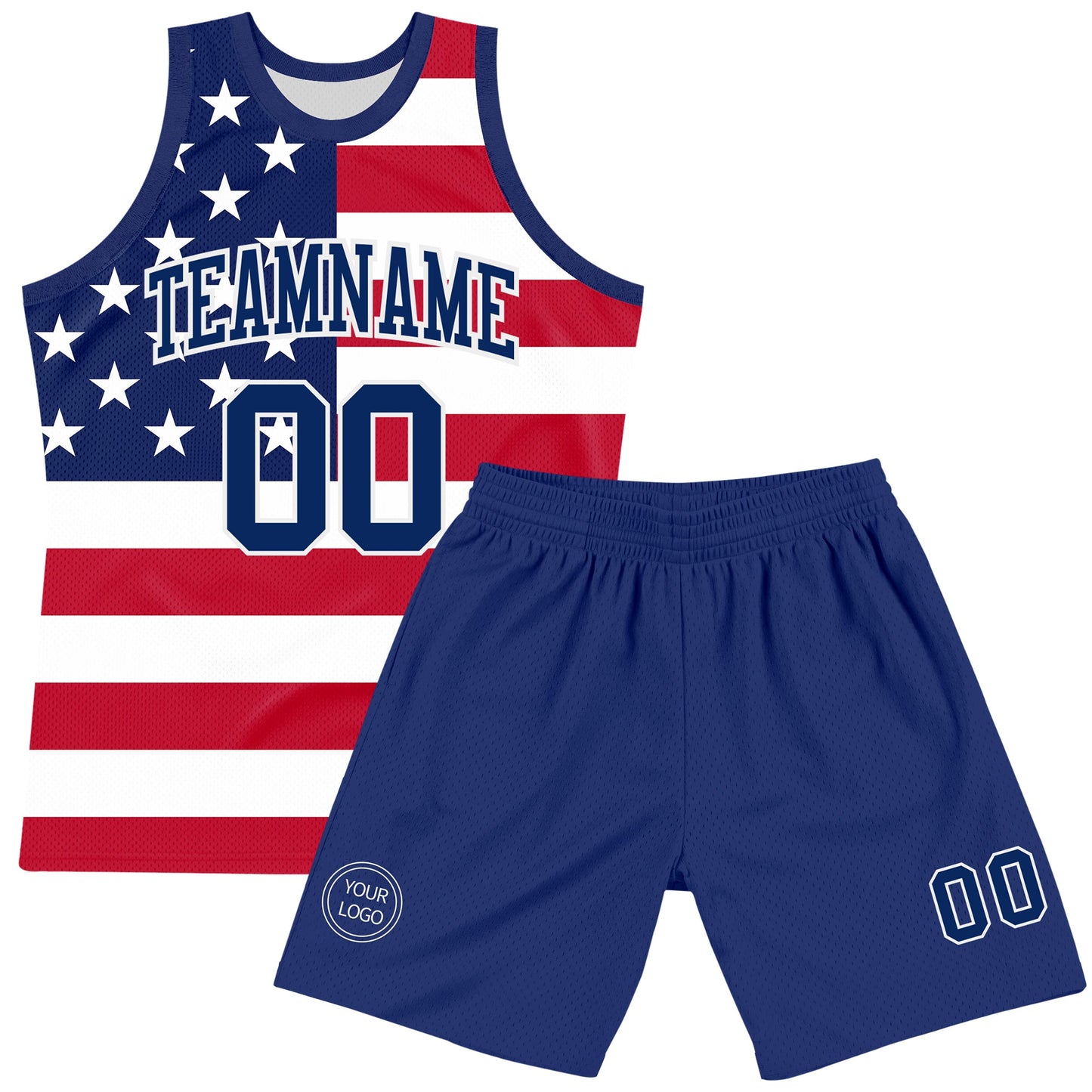 Custom Red Royal-White American Flag Round Neck Sublimation Basketball Set Jersey view 2