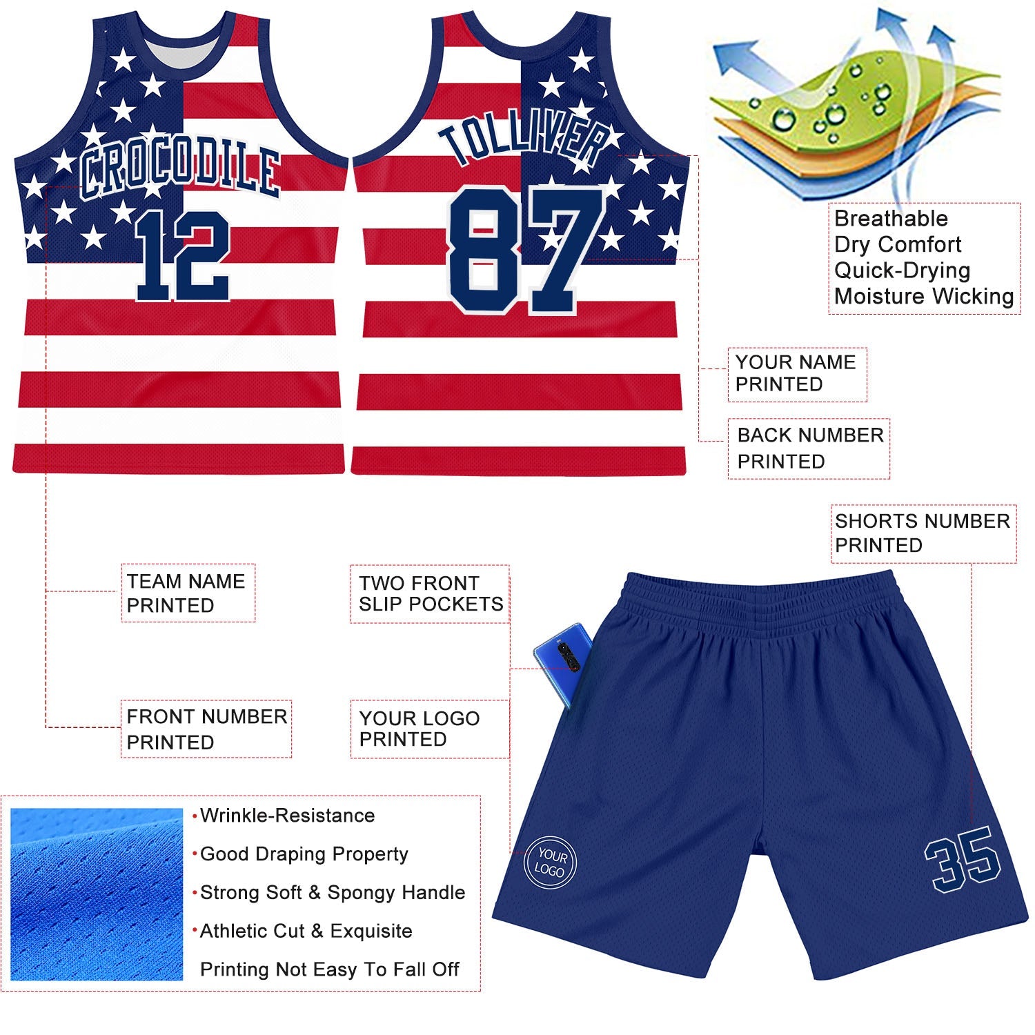Custom Red Royal-White American Flag Round Neck Sublimation Basketball Set Jersey view 3