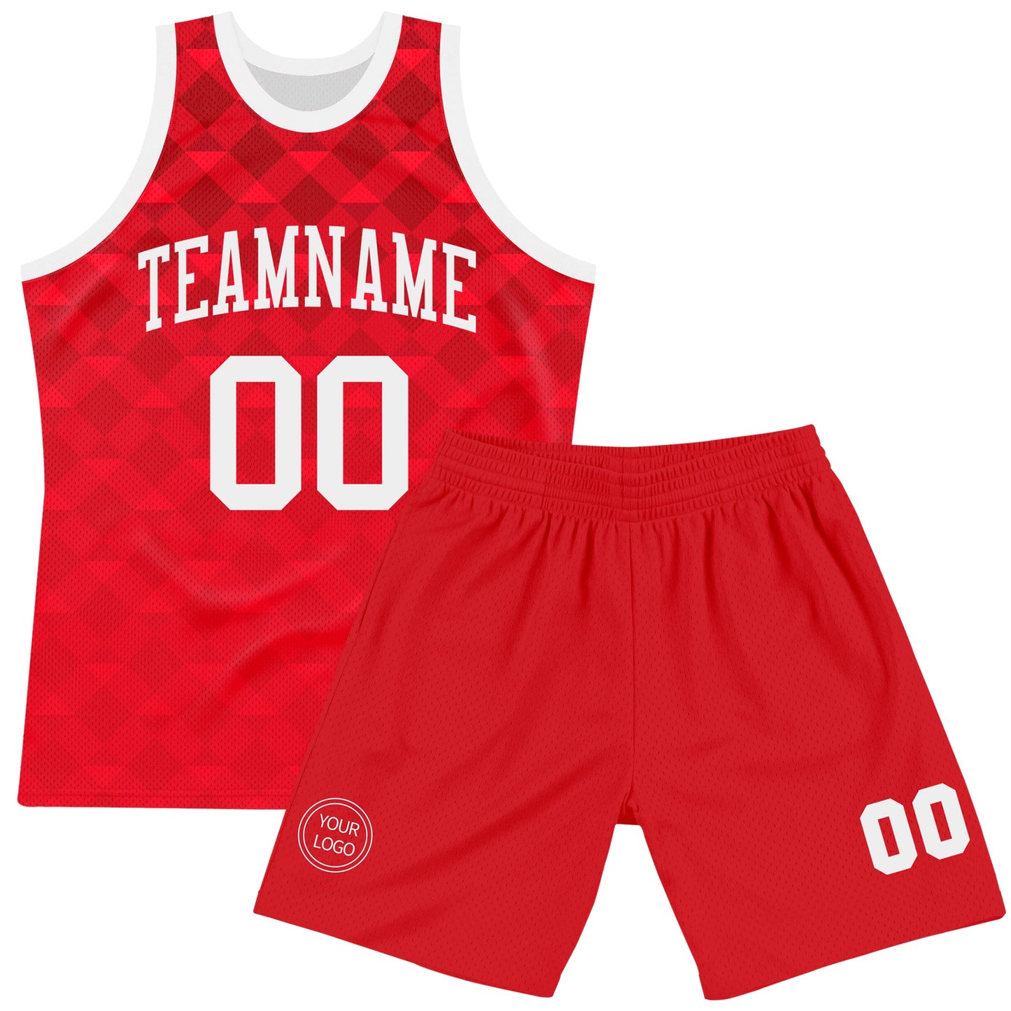 Custom Red White Geometric Shape Round Neck Sublimation Basketball Set Jersey view 2