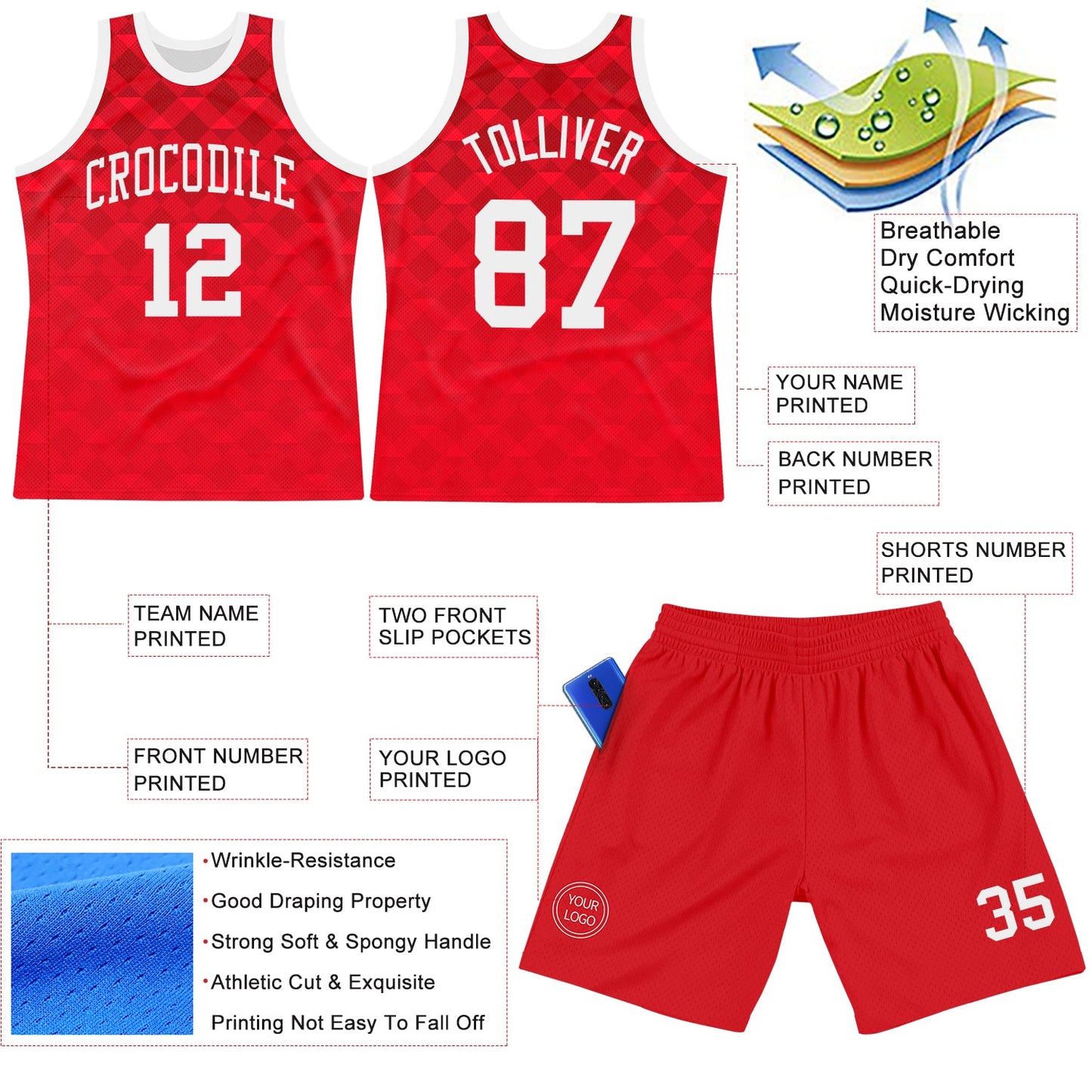 Custom Red White Geometric Shape Round Neck Sublimation Basketball Set Jersey view 3