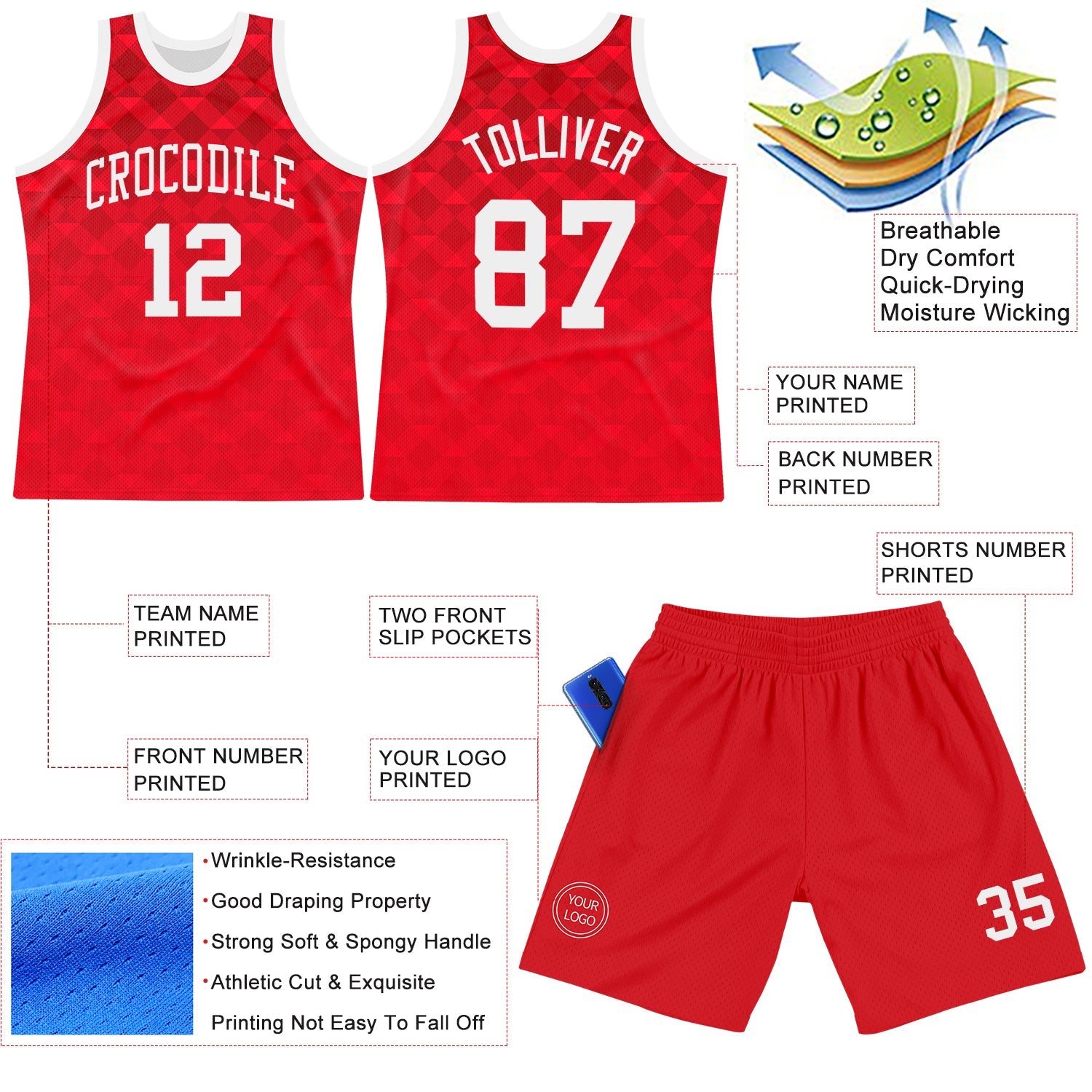 Custom Red White Geometric Shape Round Neck Sublimation Basketball Set Jersey view 3