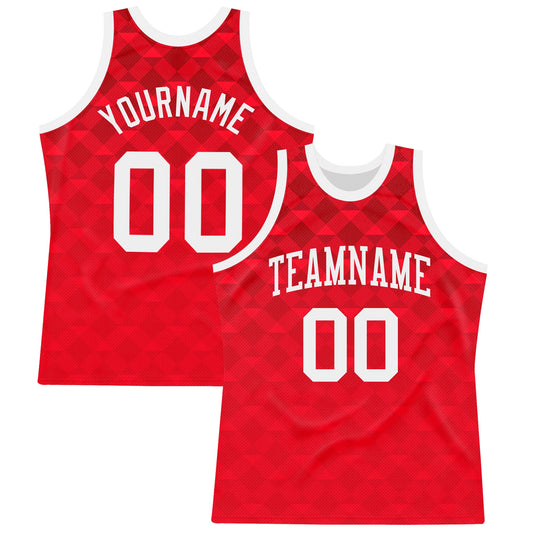 Custom Red White Geometric Shape Round Neck Sublimation Basketball Set Jersey - Main View