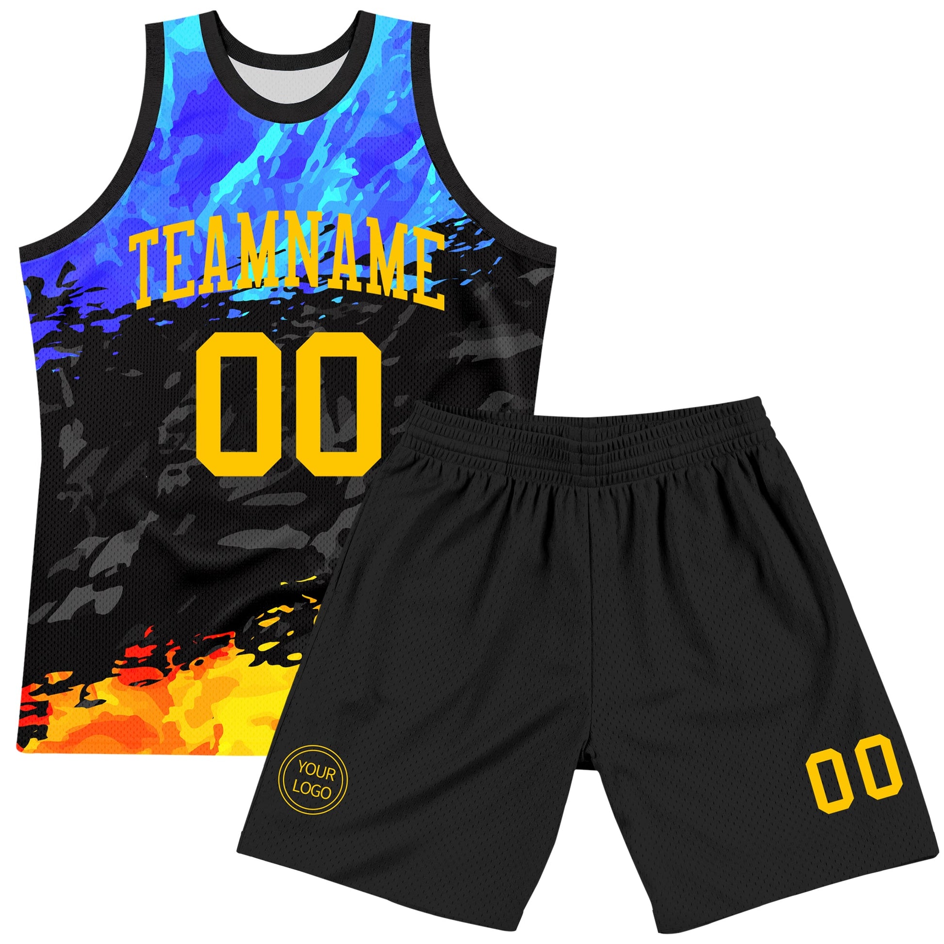 Custom Figure Yellow Royal-Black Splash Round Neck Sublimation Basketball Set Jersey view 2
