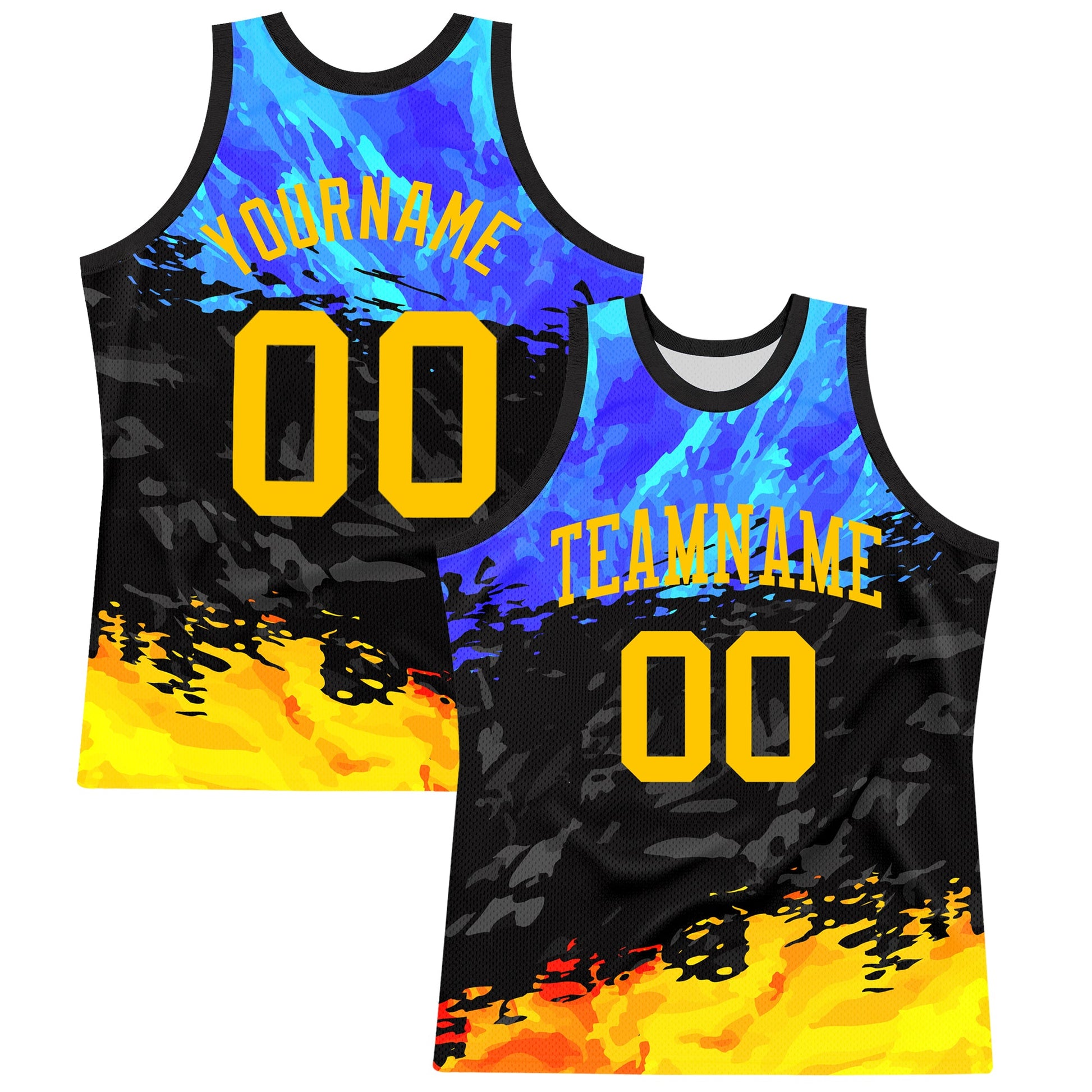 Custom Figure Yellow Royal-Black Splash Round Neck Sublimation Basketball Set Jersey - Main View
