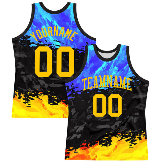 Custom Figure Yellow Royal-Black Splash Round Neck Sublimation Basketball Set Jersey - Main View