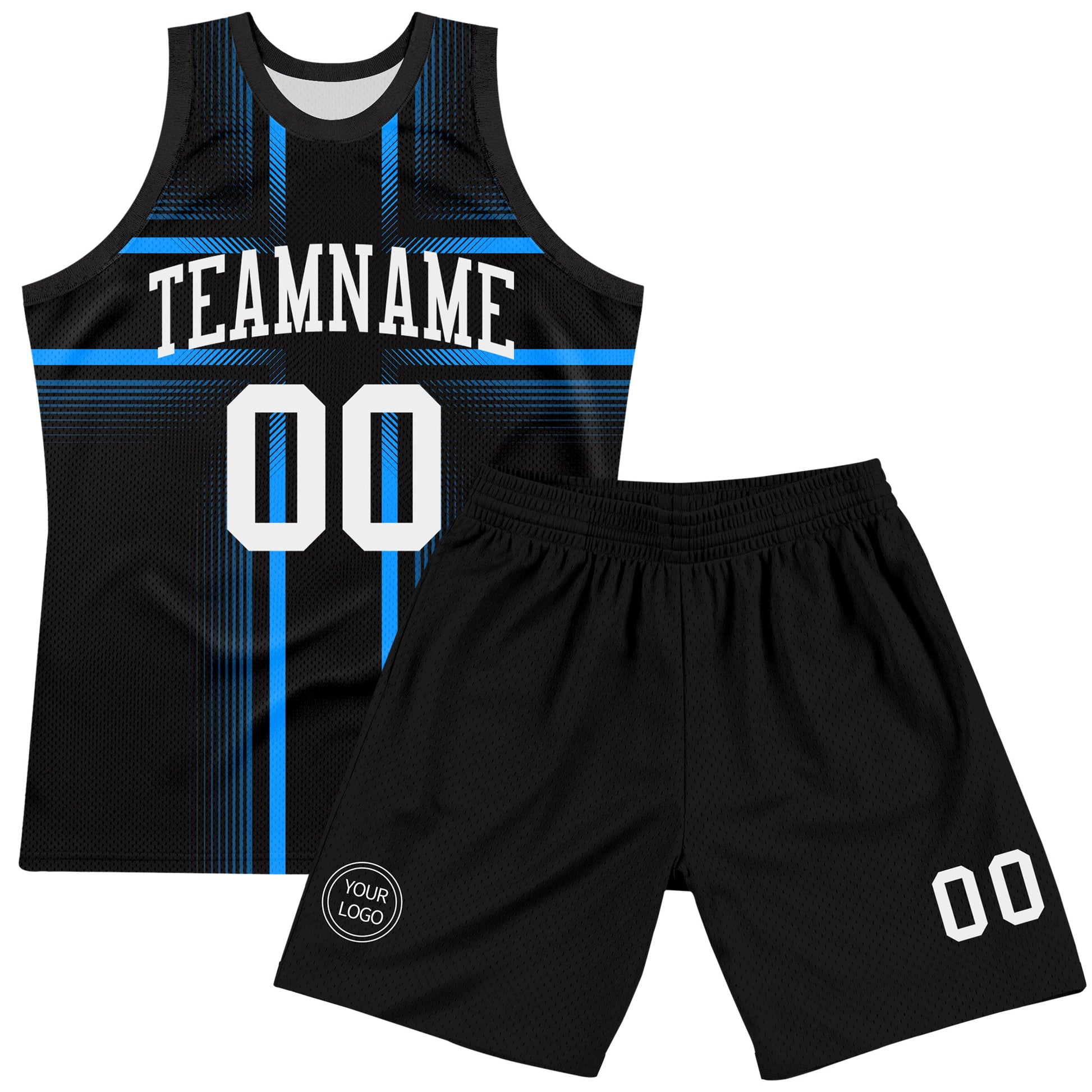 Custom Black White-Light Blue Line Round Neck Sublimation Basketball Set Jersey view 2