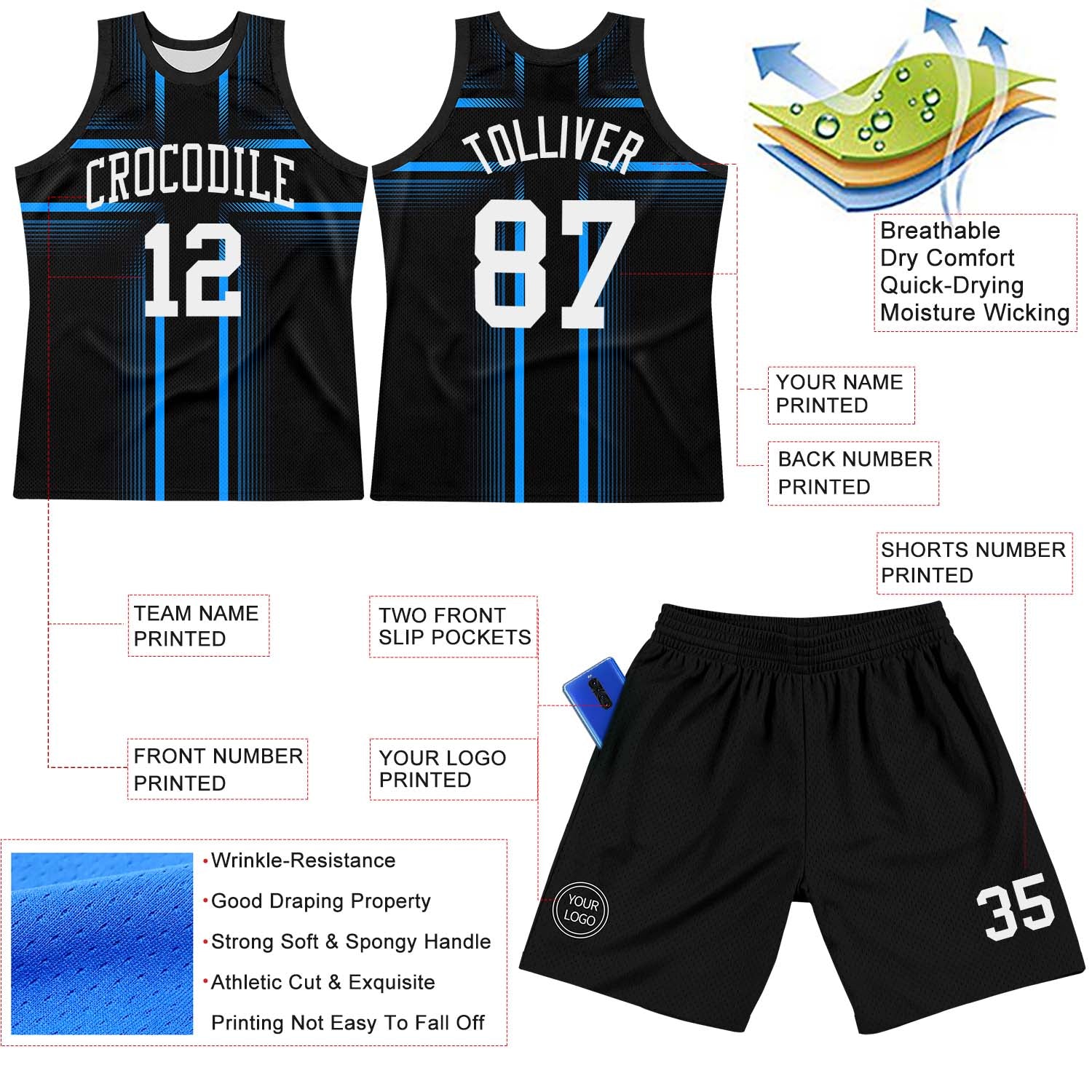 Custom Black White-Light Blue Line Round Neck Sublimation Basketball Set Jersey view 3