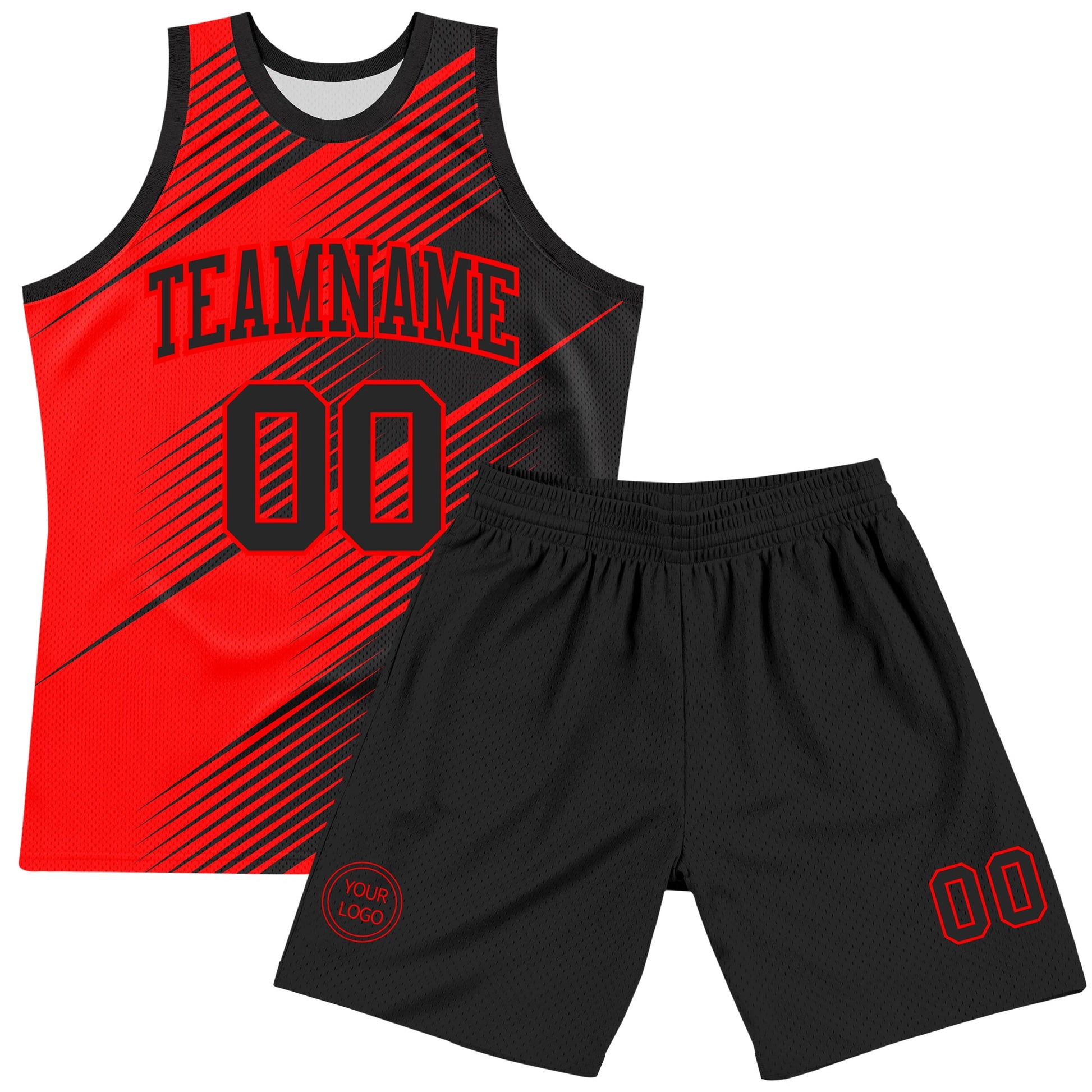 Custom Red Black Line Round Neck Sublimation Basketball Set Jersey view 2