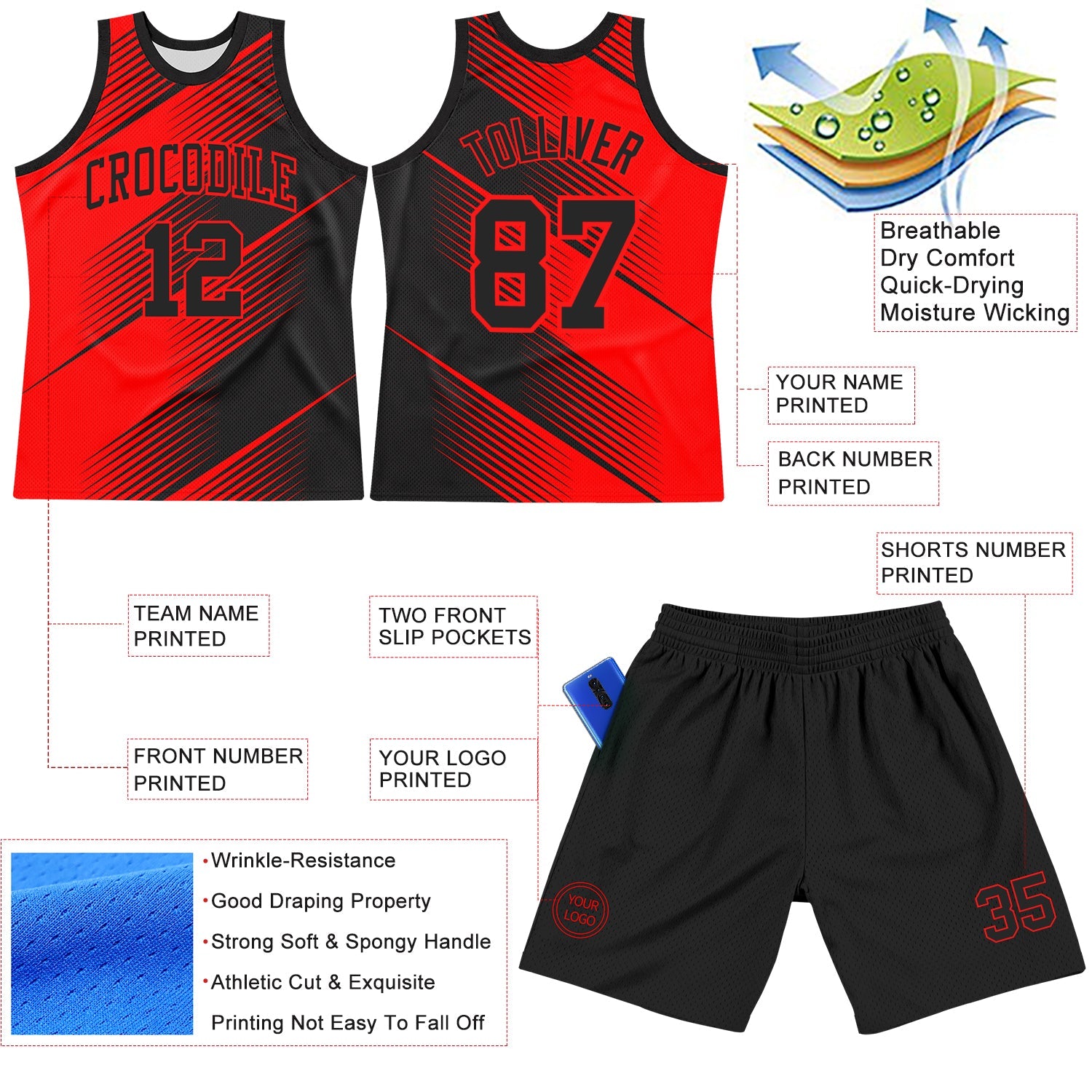 Custom Red Black Line Round Neck Sublimation Basketball Set Jersey view 3