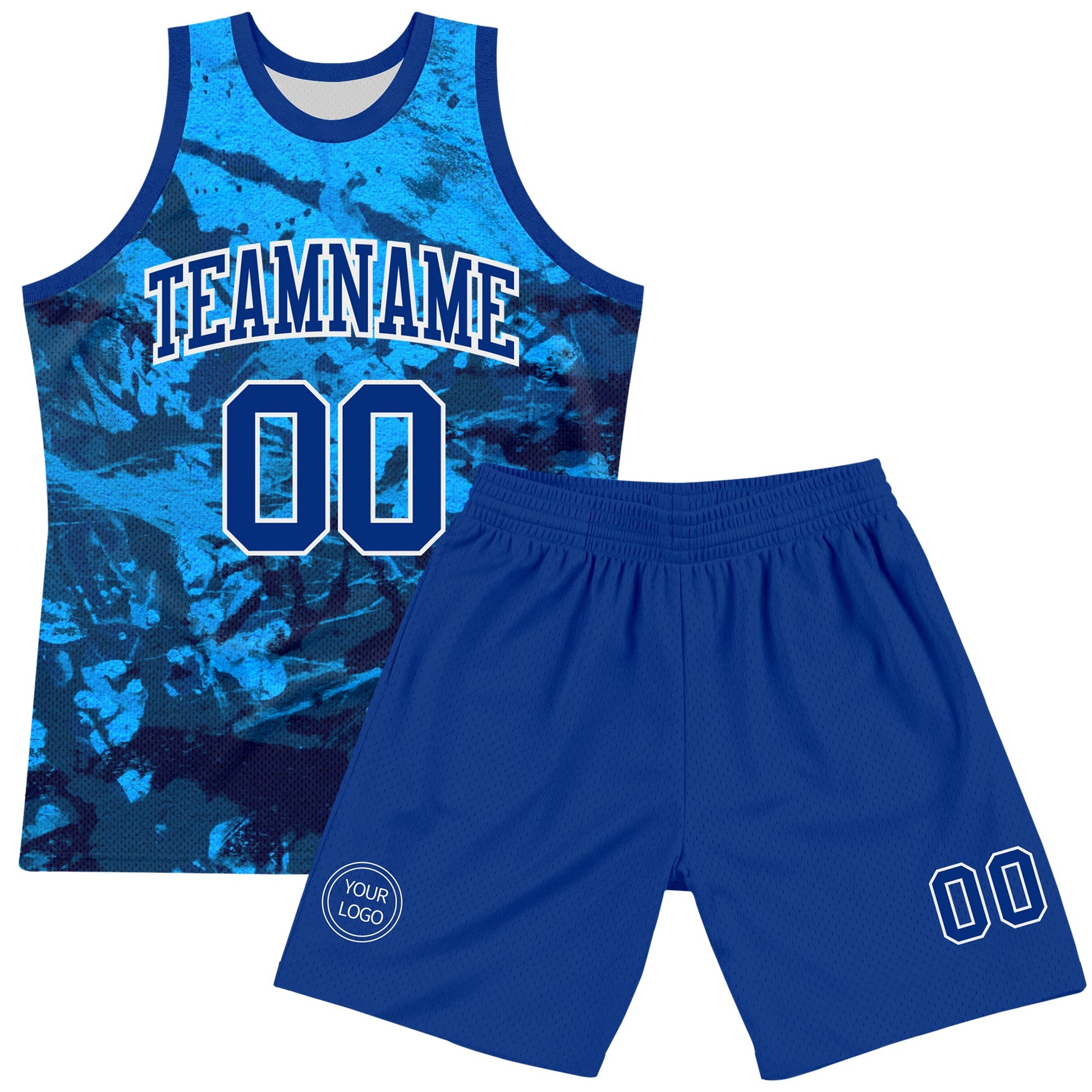 Custom Tie Dye Royal-White Round Neck Sublimation Basketball Set Jersey view 2