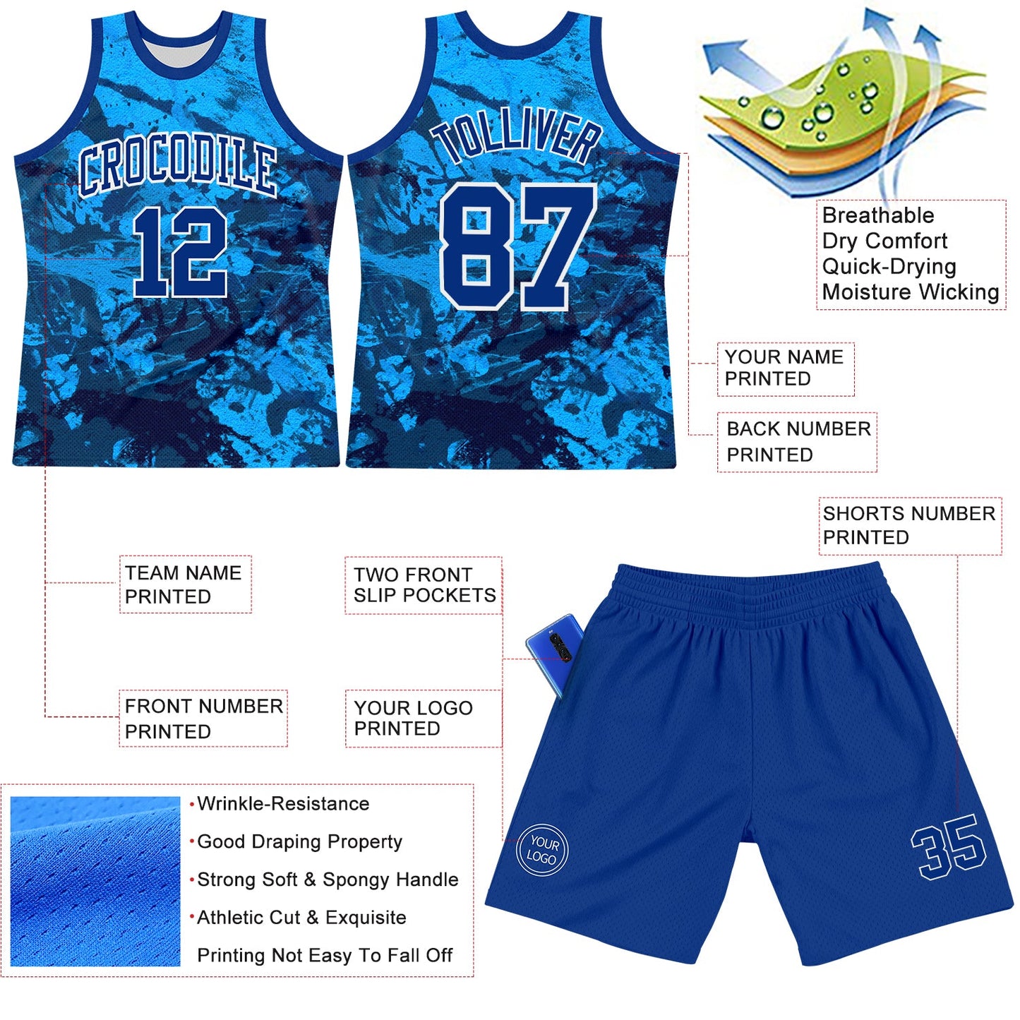 Custom Tie Dye Royal-White Round Neck Sublimation Basketball Set Jersey view 3
