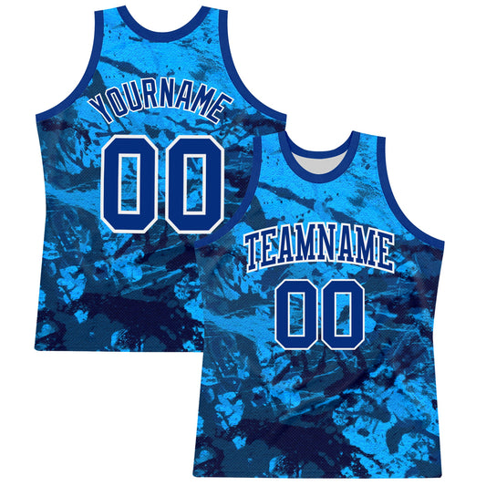Custom Tie Dye Royal-White Round Neck Sublimation Basketball Set Jersey - Main View