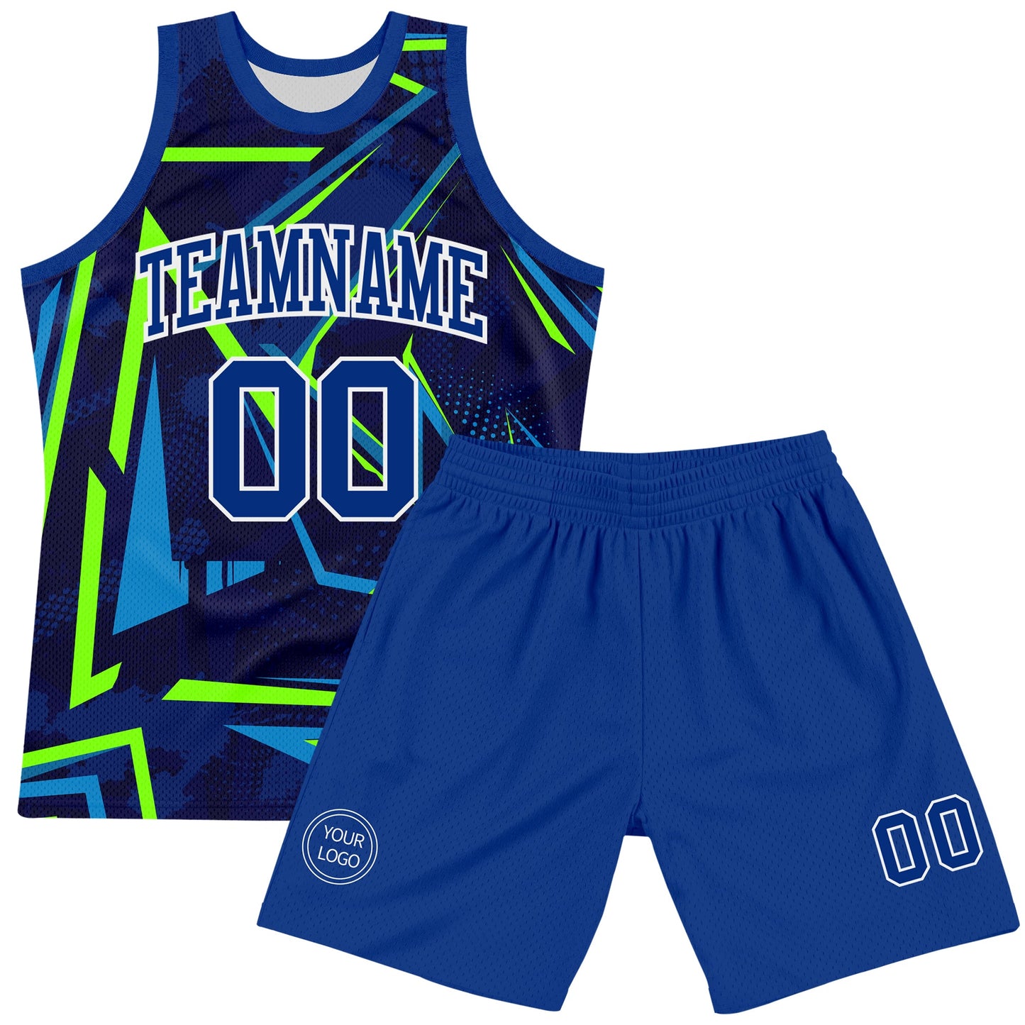 Custom Royal Neon Green-White Geometric Shape Round Neck Sublimation Basketball Set Jersey view 2