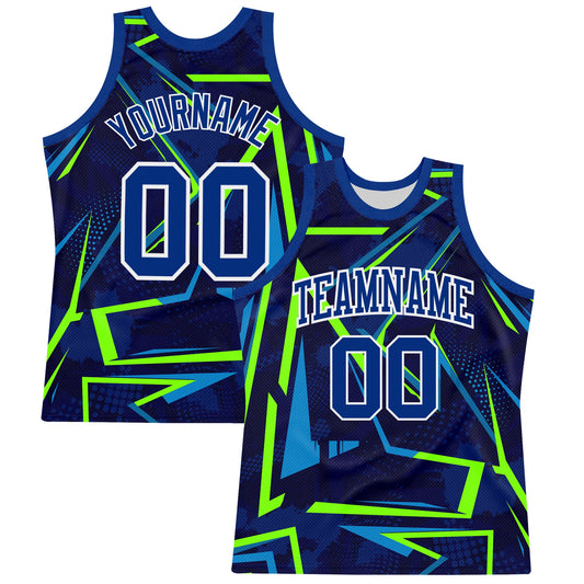 Custom Royal Neon Green-White Geometric Shape Round Neck Sublimation Basketball Set Jersey - Main View