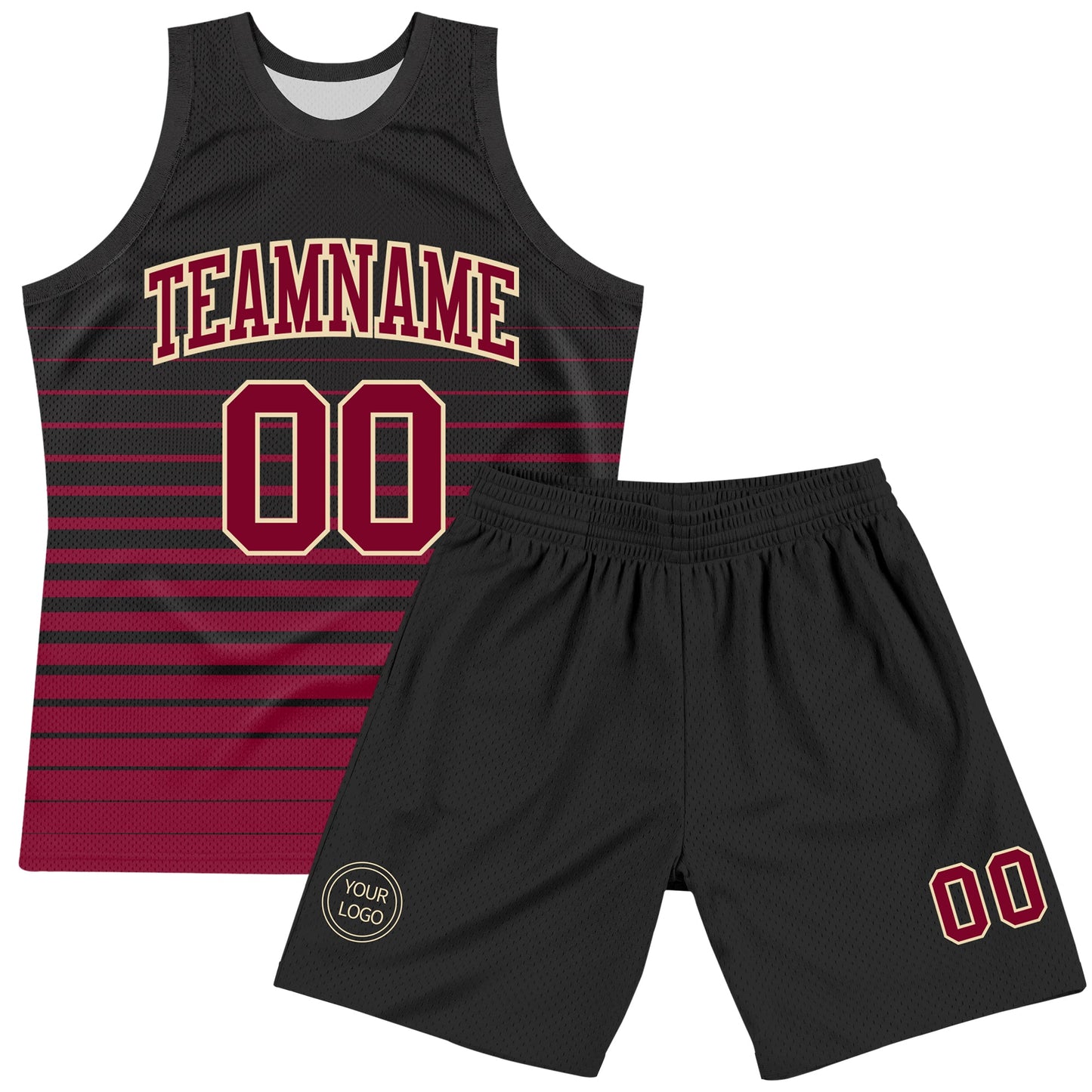 Custom Black Maroon-Cream Pinstripe Fade Fashion Round Neck Sublimation Basketball Set Jersey view 2