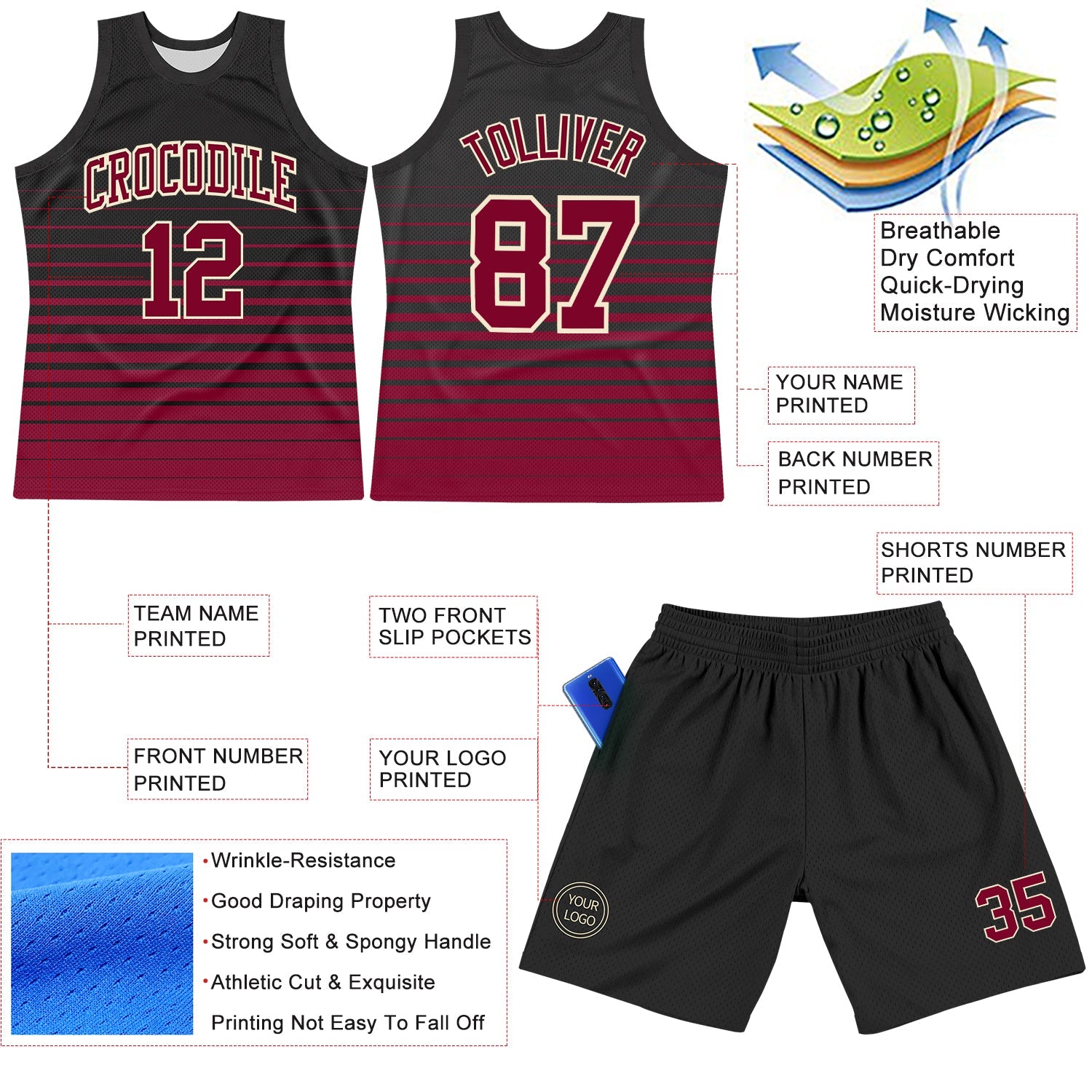 Custom Black Maroon-Cream Pinstripe Fade Fashion Round Neck Sublimation Basketball Set Jersey view 3