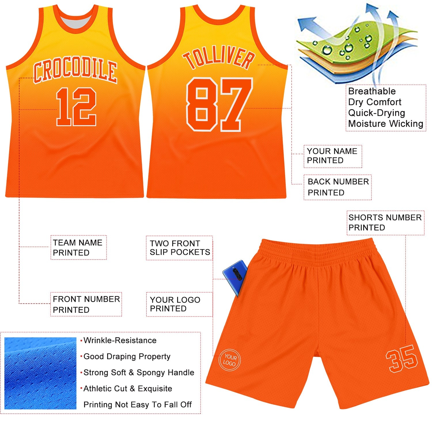 Custom Yellow Orange-White Fade Fashion Round Neck Sublimation Basketball Set Jersey view 3