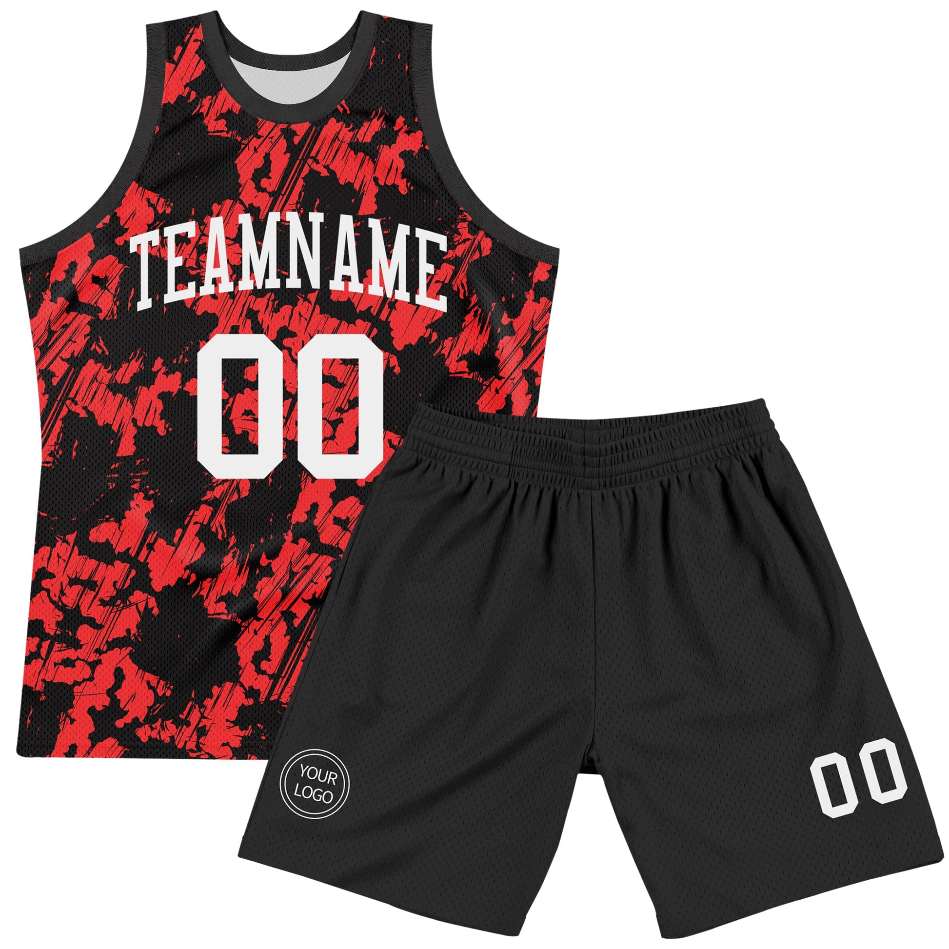 Custom Black White-Red Splash Round Neck Sublimation Basketball Set Jersey view 2