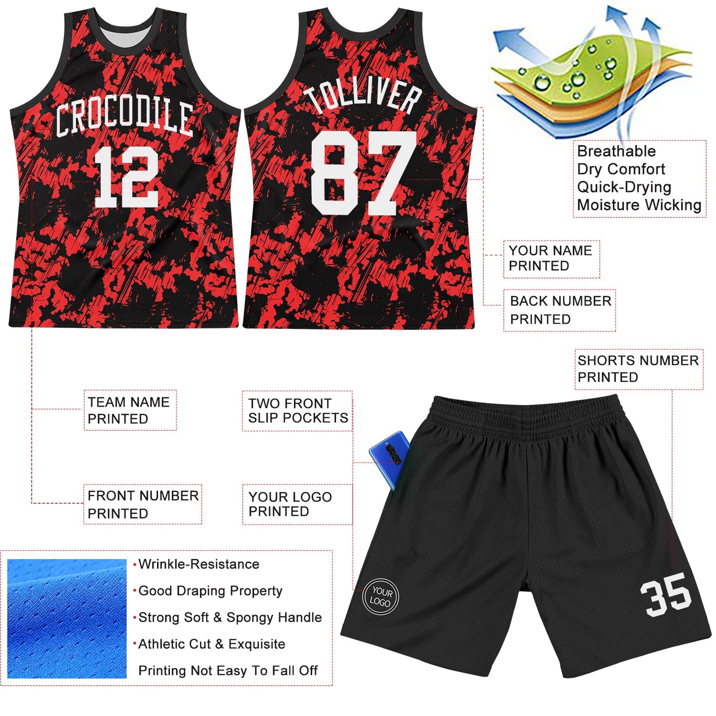 Custom Black White-Red Splash Round Neck Sublimation Basketball Set Jersey view 3