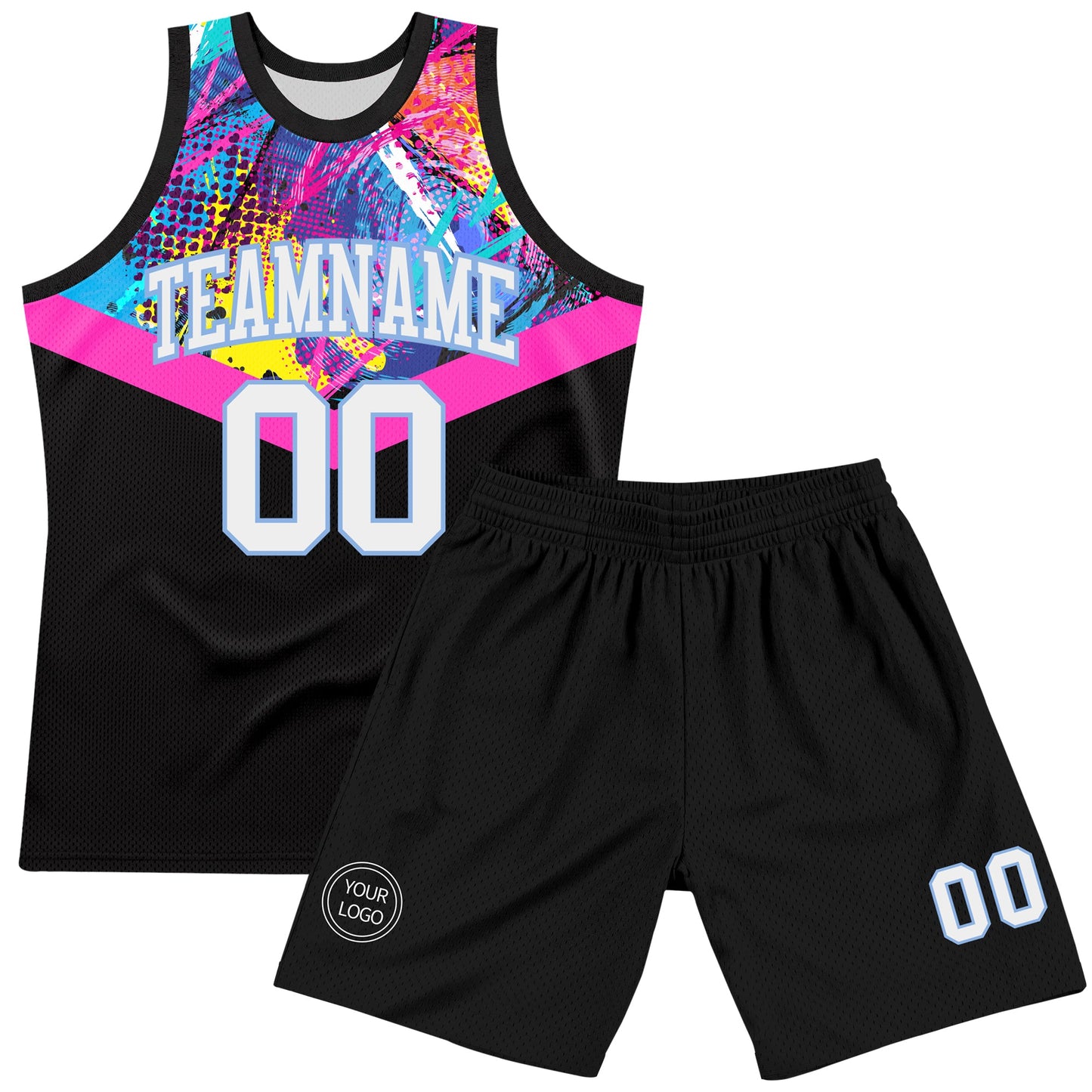 Custom Black White Pink-Light Blue Splash Round Neck Sublimation Basketball Set Jersey view 2