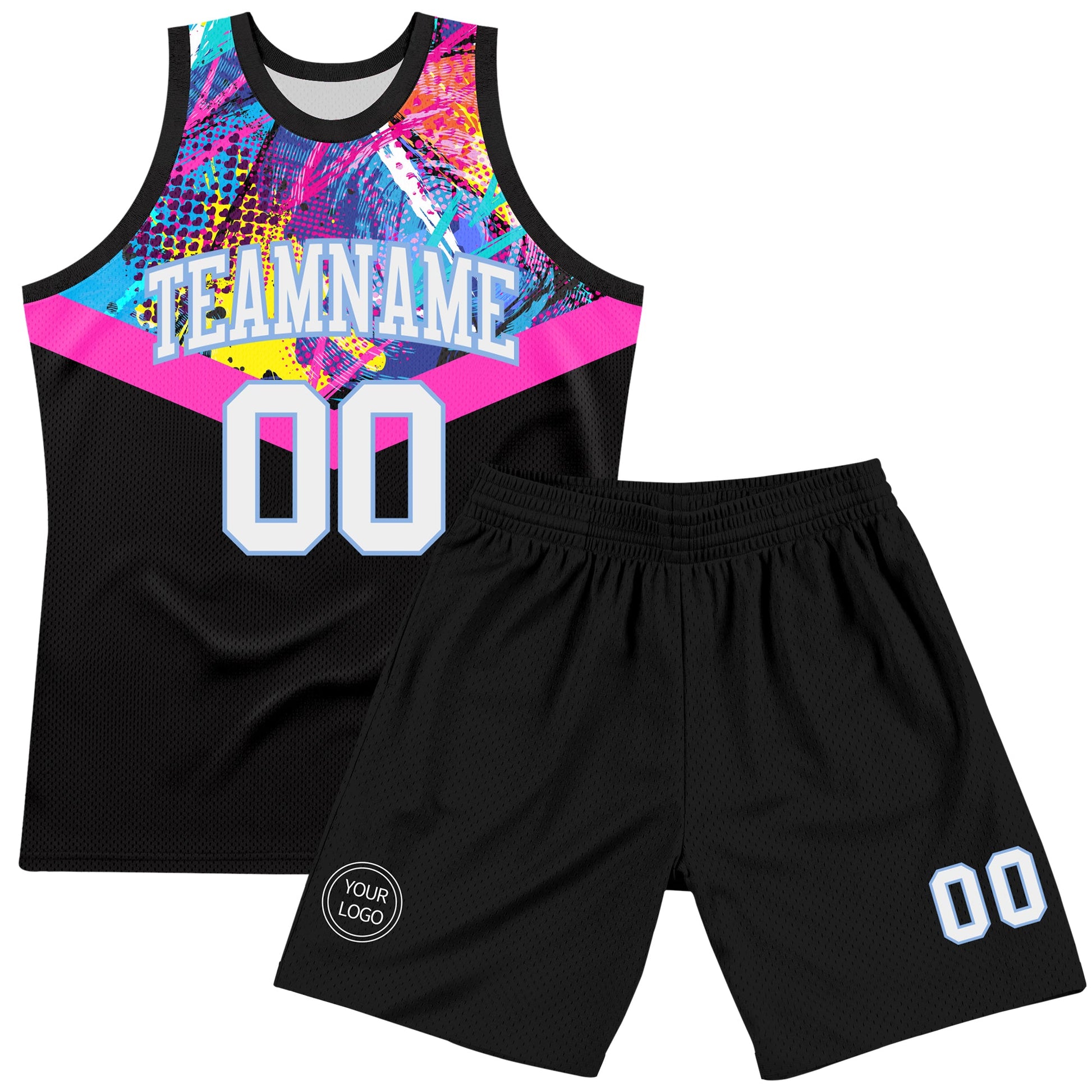 Custom Black White Pink-Light Blue Splash Round Neck Sublimation Basketball Set Jersey view 2