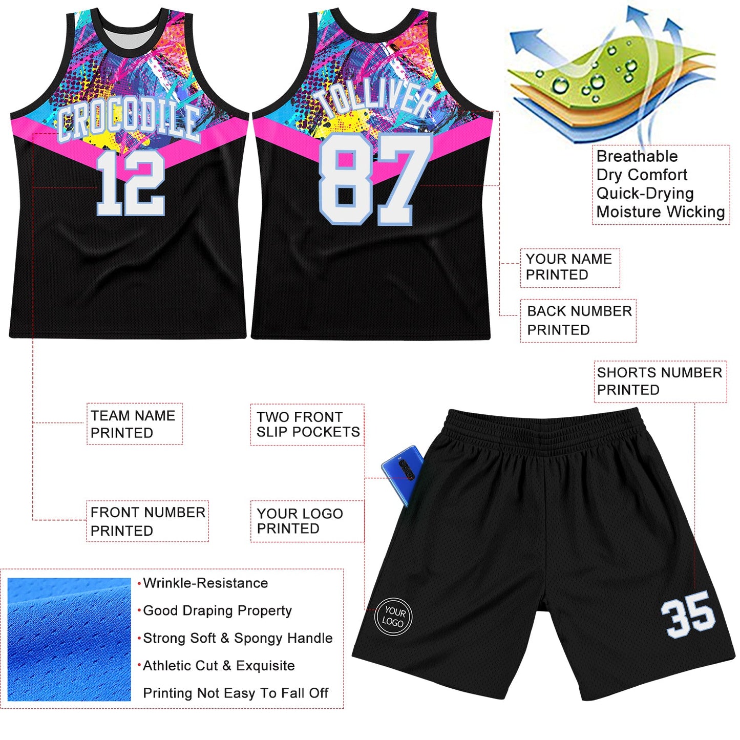 Custom Black White Pink-Light Blue Splash Round Neck Sublimation Basketball Set Jersey view 3