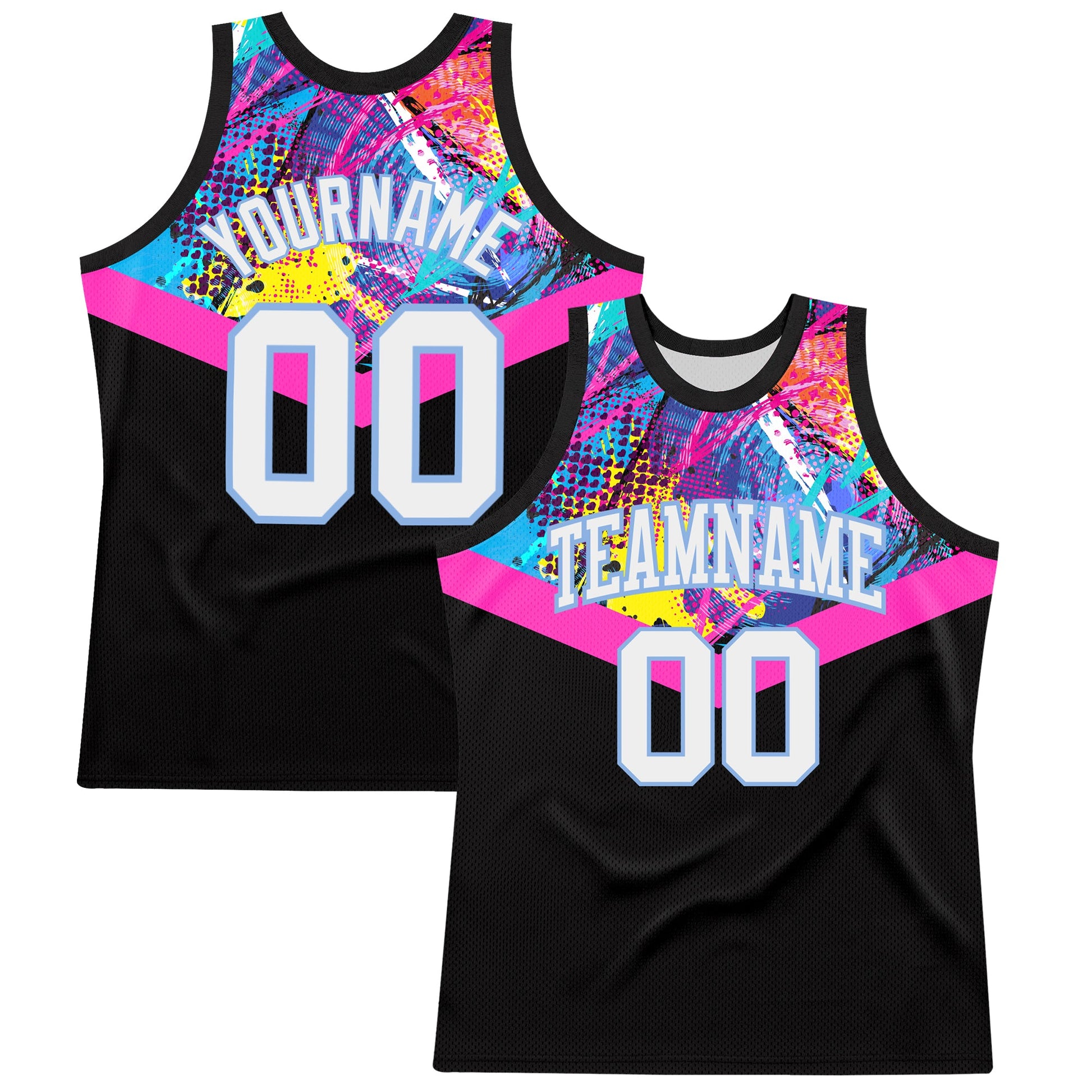 Custom Black White Pink-Light Blue Splash Round Neck Sublimation Basketball Set Jersey - Main View