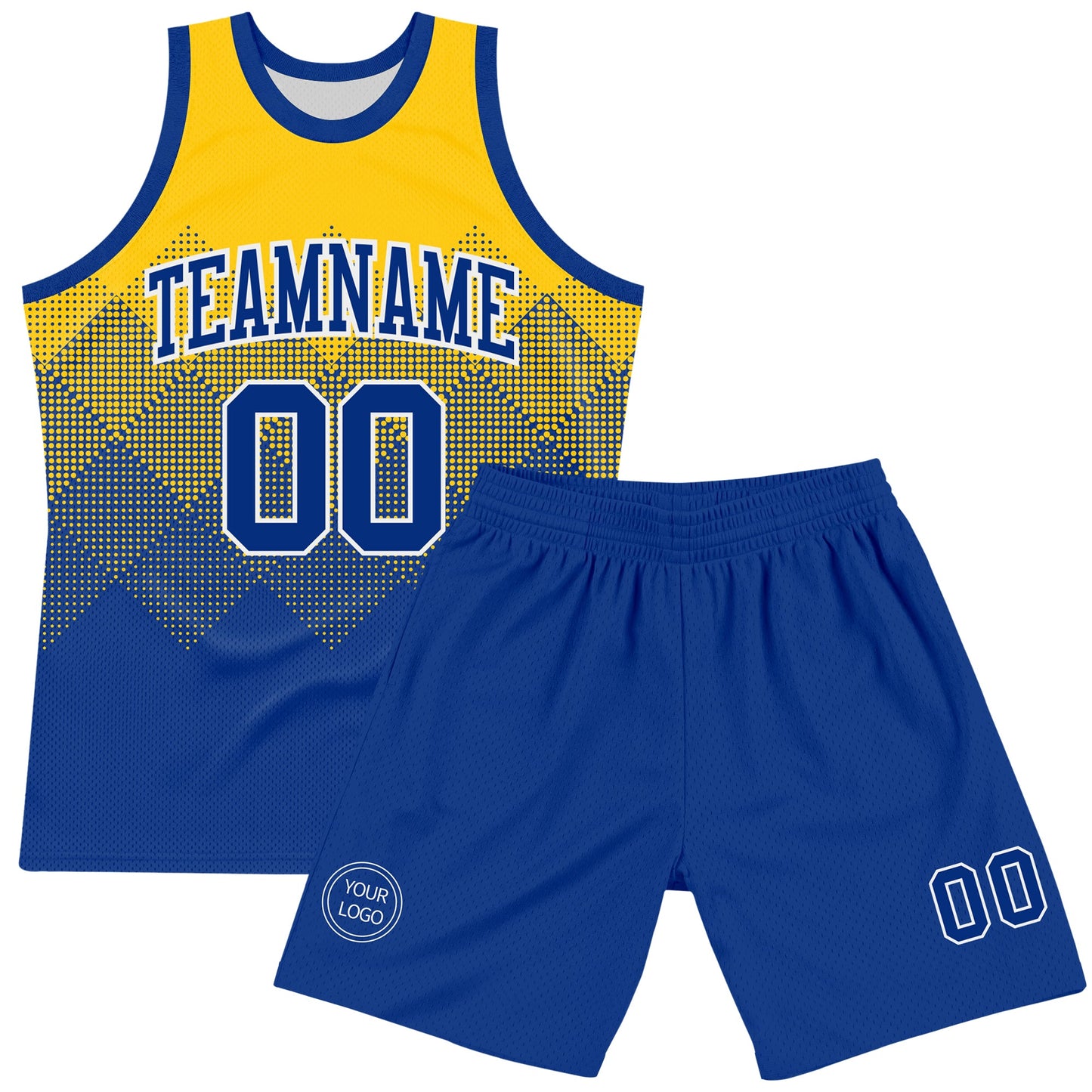 Custom Yellow Royal-White Gradient Square Shapes Round Neck Sublimation Basketball Set Jersey view 2