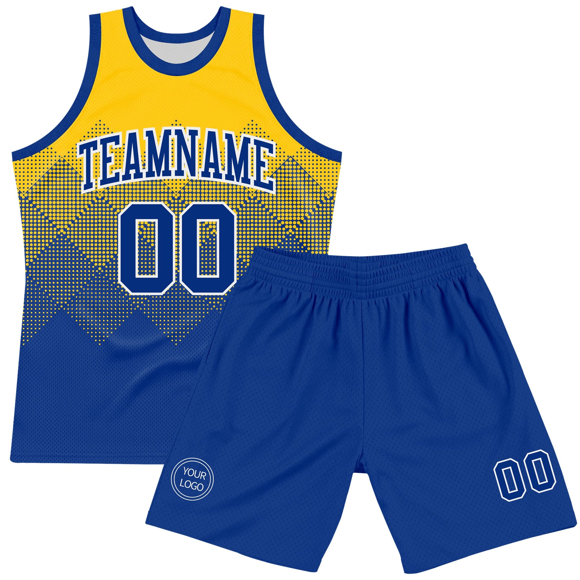 Custom Yellow Royal-White Gradient Square Shapes Round Neck Sublimation Basketball Set Jersey view 2