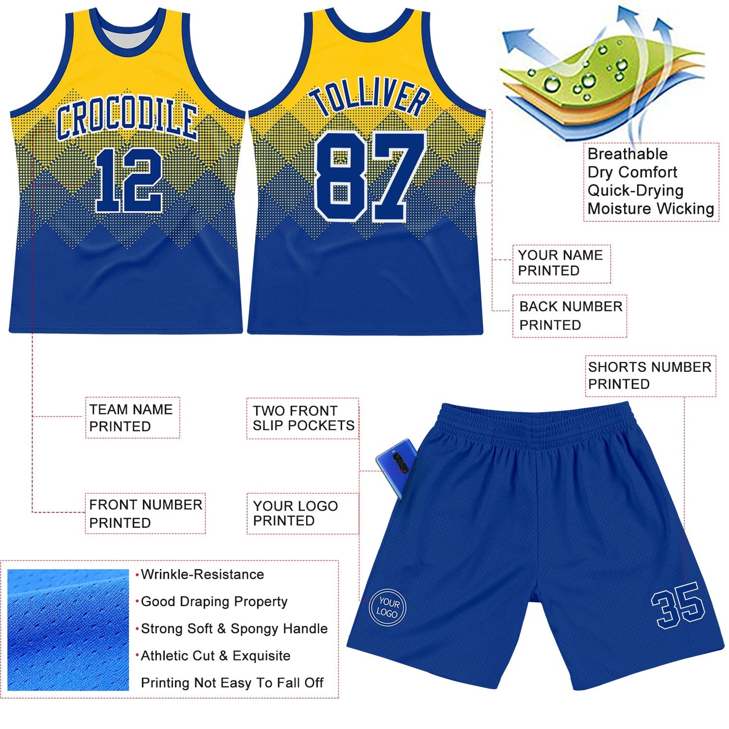 Custom Yellow Royal-White Gradient Square Shapes Round Neck Sublimation Basketball Set Jersey view 3