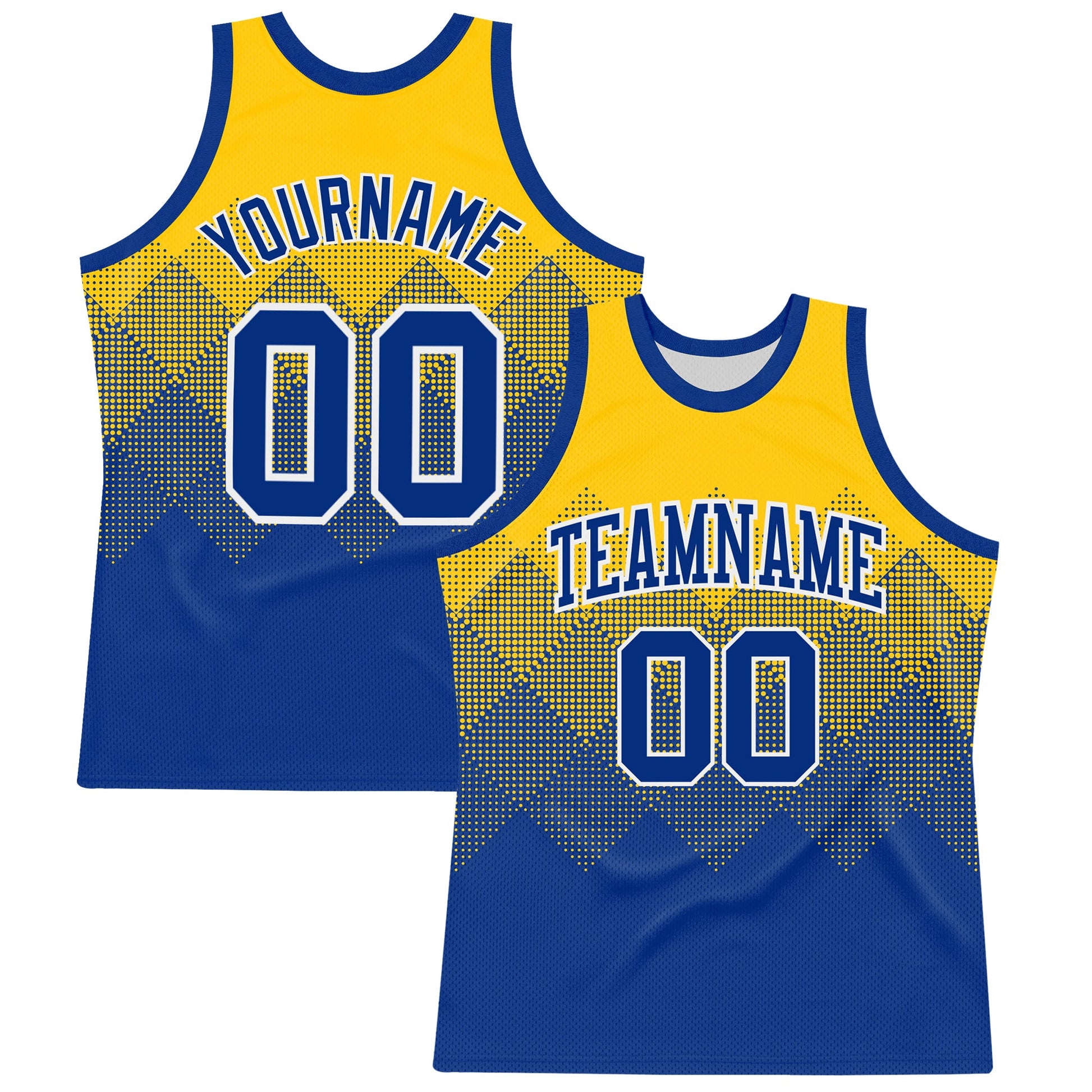 Custom Yellow Royal-White Gradient Square Shapes Round Neck Sublimation Basketball Set Jersey - Main View