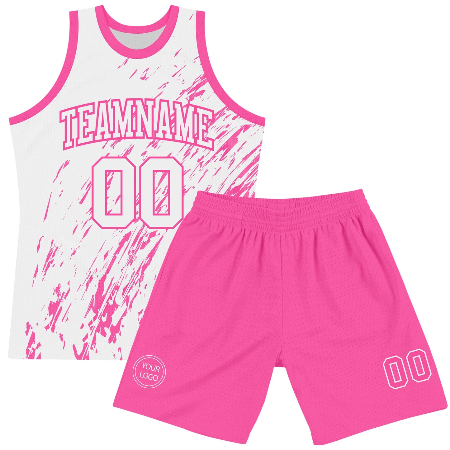 Custom White Pink Splash Round Neck Sublimation Basketball Set Jersey view 2