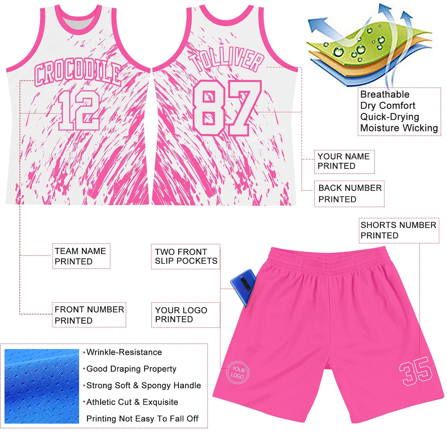 Custom White Pink Splash Round Neck Sublimation Basketball Set Jersey view 3