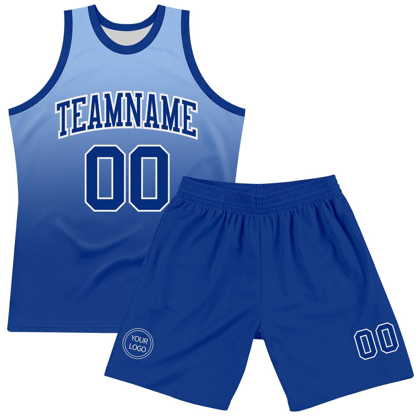 Custom Light Blue Royal-White Fade Fashion Round Neck Sublimation Basketball Set Jersey view 2