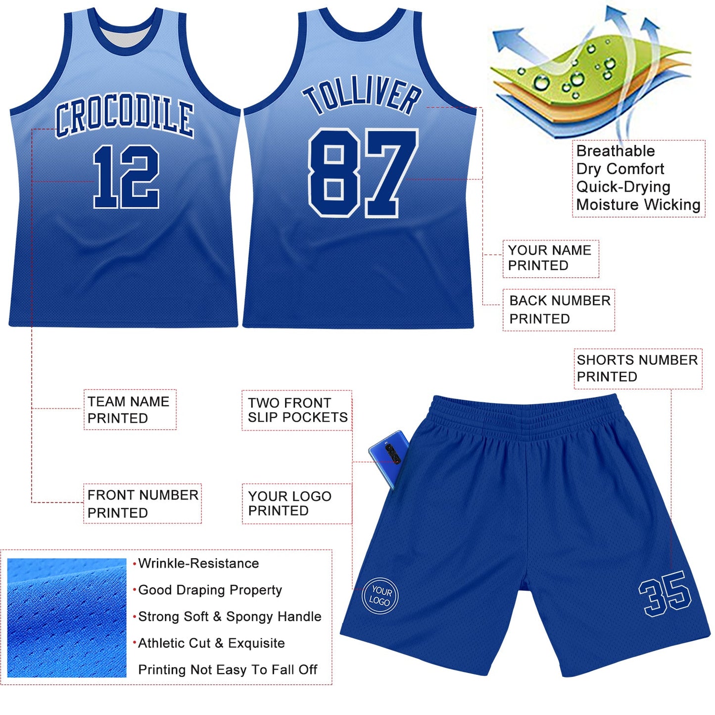 Custom Light Blue Royal-White Fade Fashion Round Neck Sublimation Basketball Set Jersey view 3