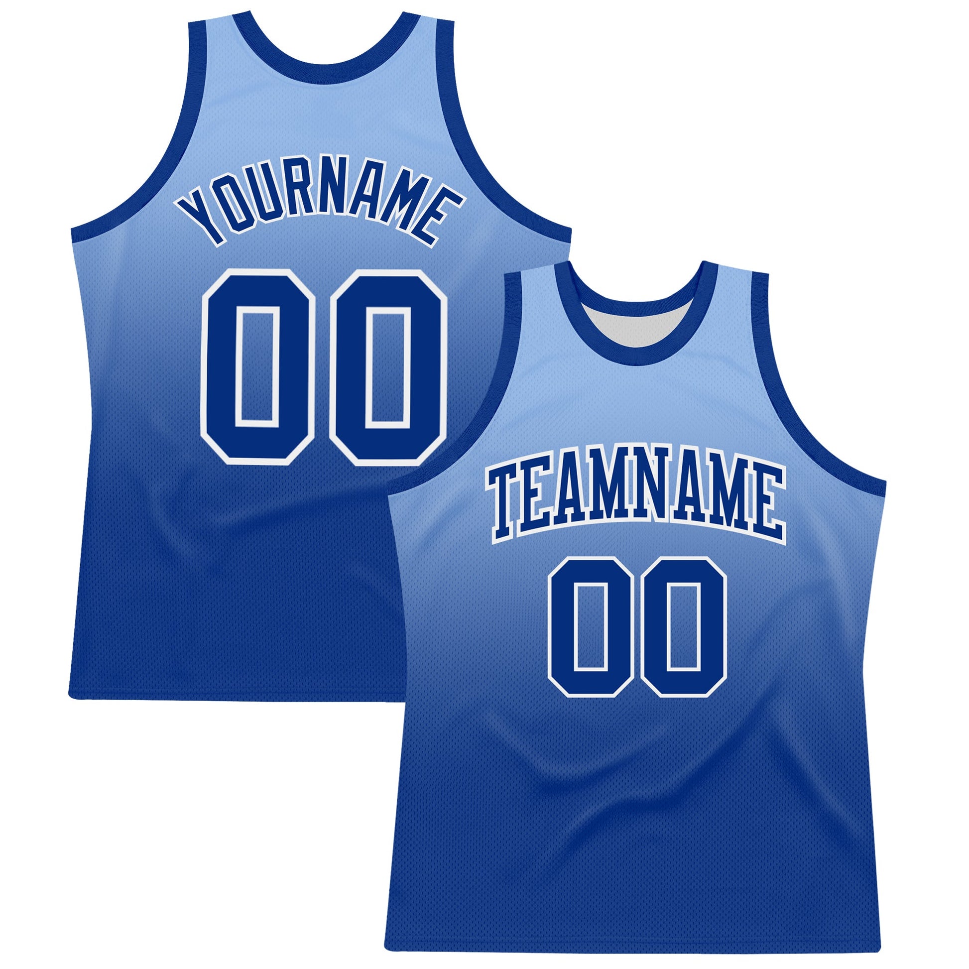 Custom Light Blue Royal-White Fade Fashion Round Neck Sublimation Basketball Set Jersey - Main View