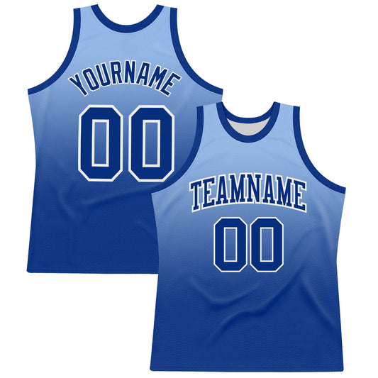 Custom Light Blue Royal-White Fade Fashion Round Neck Sublimation Basketball Set Jersey - Main View
