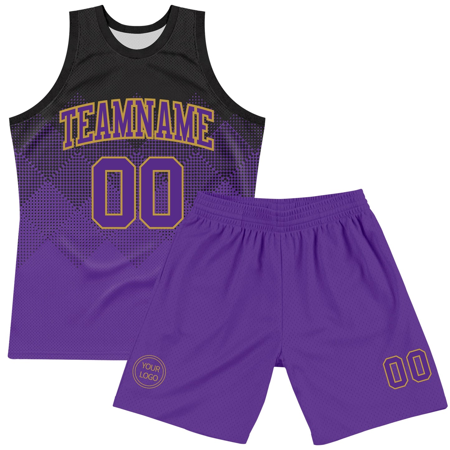Custom Black Purple-Old Gold Fade Fashion Round Neck Sublimation Basketball Set Jersey view 2