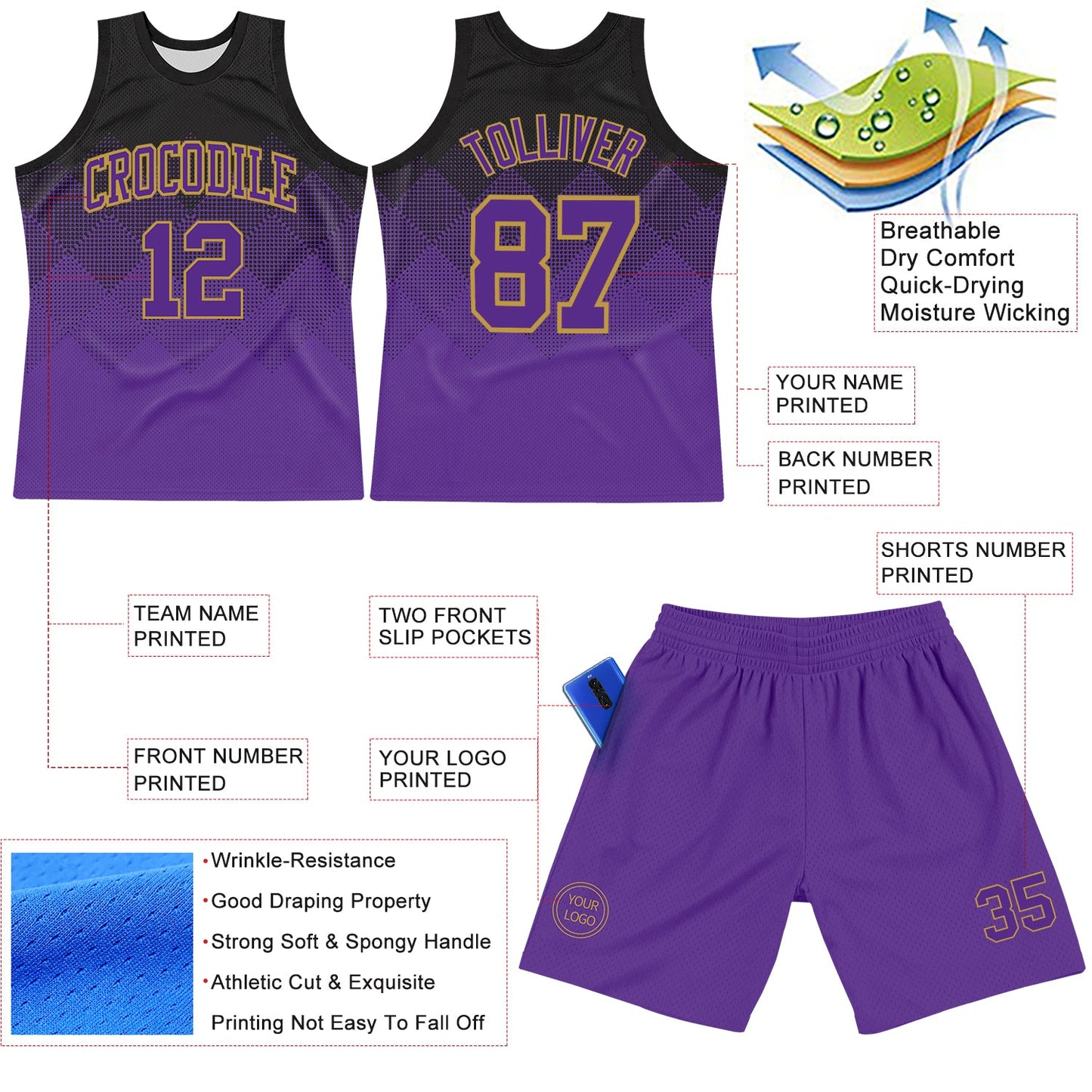 Custom Black Purple-Old Gold Fade Fashion Round Neck Sublimation Basketball Set Jersey view 3