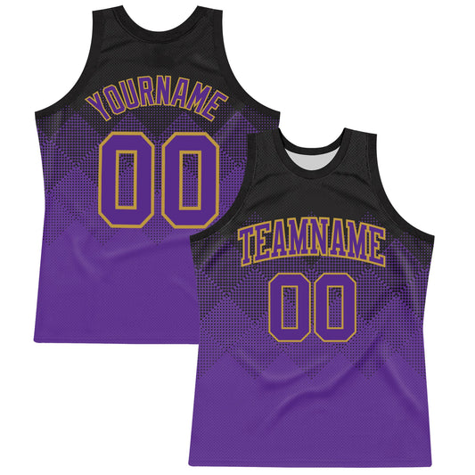 Custom Black Purple-Old Gold Fade Fashion Round Neck Sublimation Basketball Set Jersey - Main View