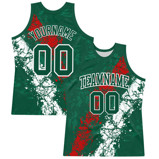 Custom Green Red-White Splash Round Neck Sublimation Basketball Set Jersey - Main View