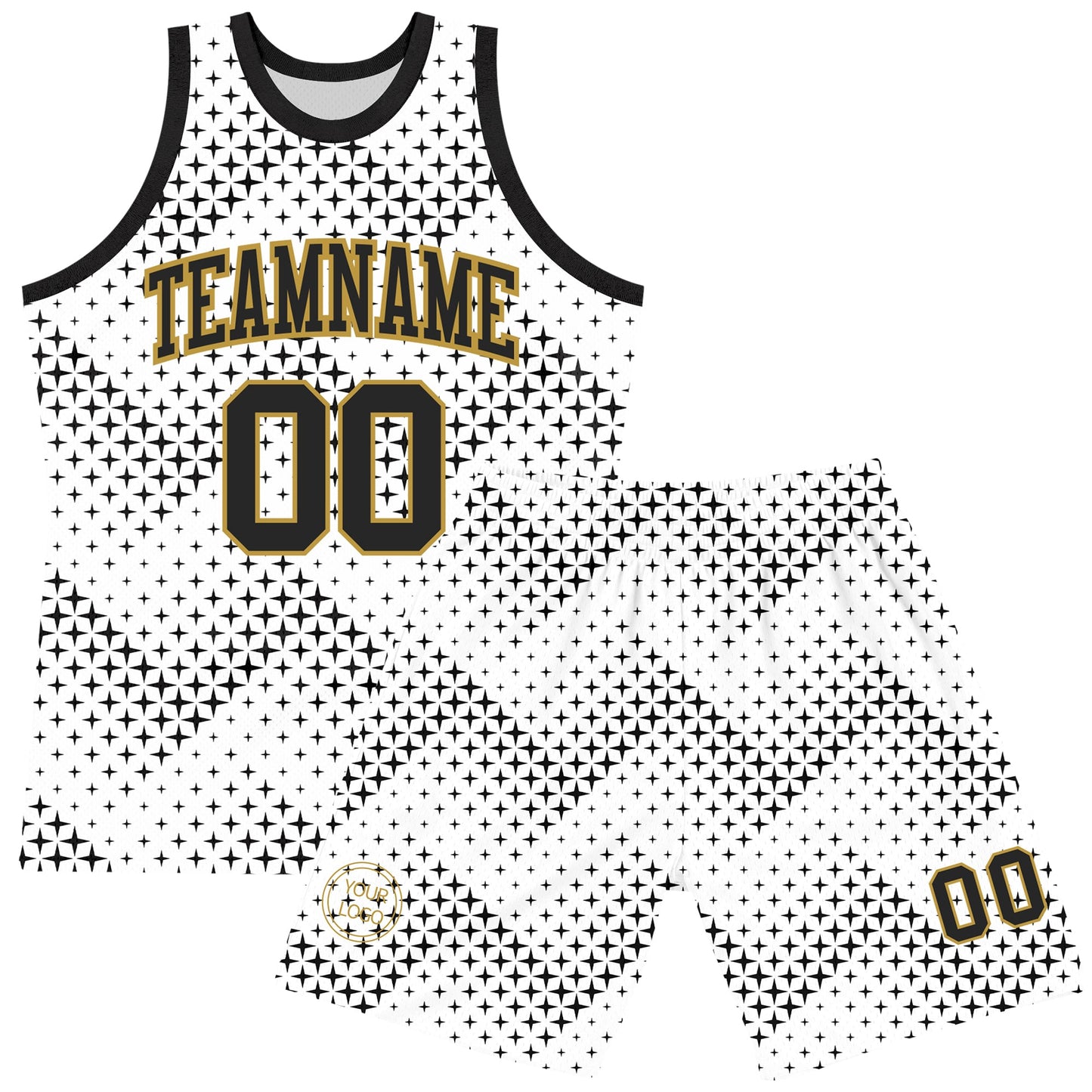 Custom White Black-Old Gold Geometric Shape Round Neck Sublimation Basketball Set Jersey view 2