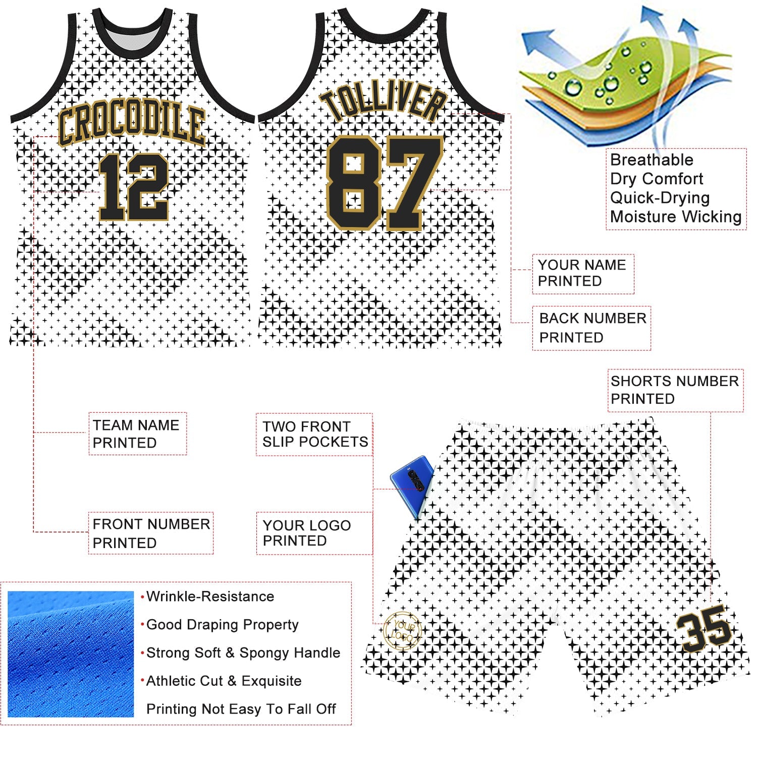 Custom White Black-Old Gold Geometric Shape Round Neck Sublimation Basketball Set Jersey view 3