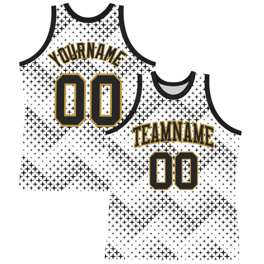 Custom White Black-Old Gold Geometric Shape Round Neck Sublimation Basketball Set Jersey - Main View