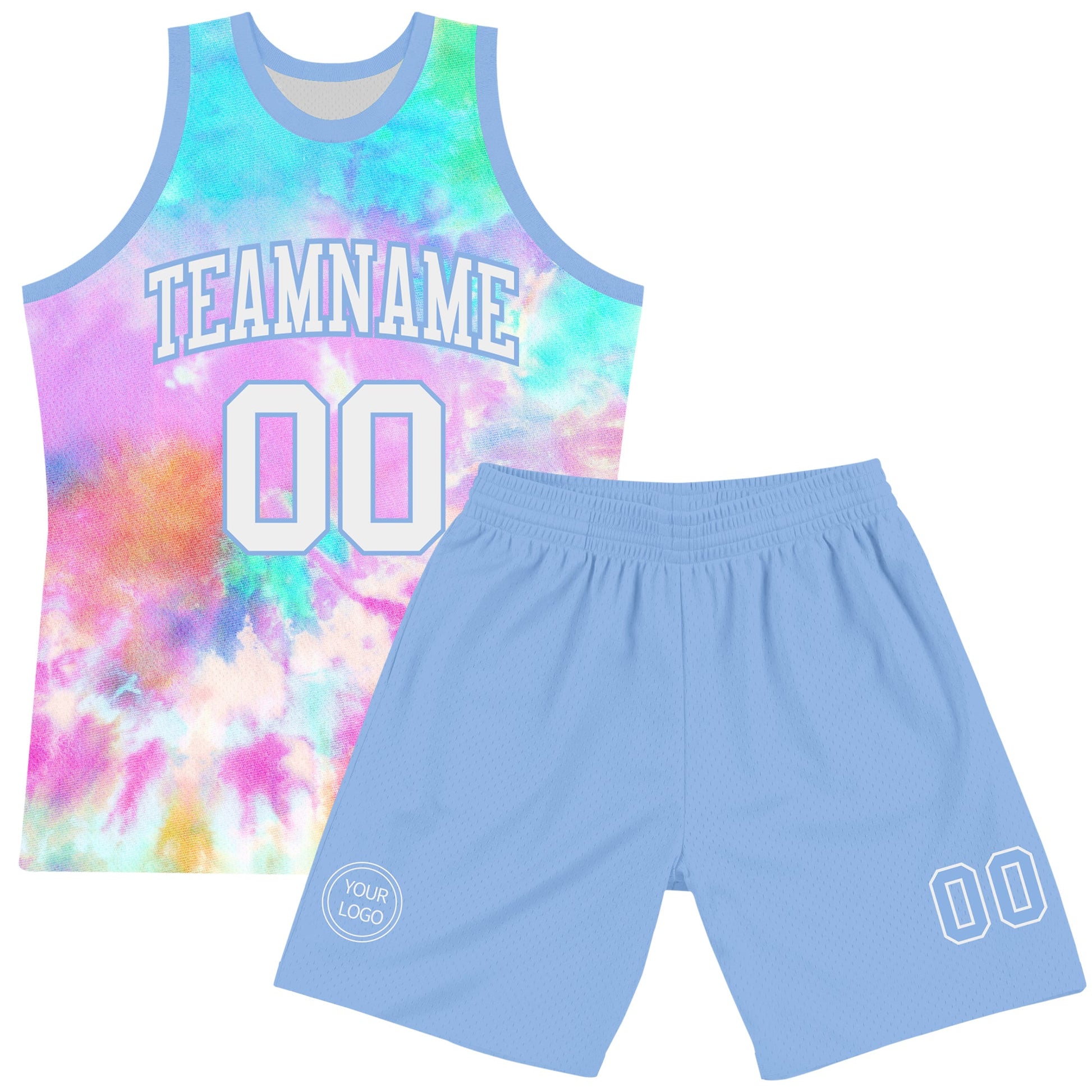 Custom Tie Dye White-Light Blue Round Neck Sublimation Basketball Set Jersey view 2