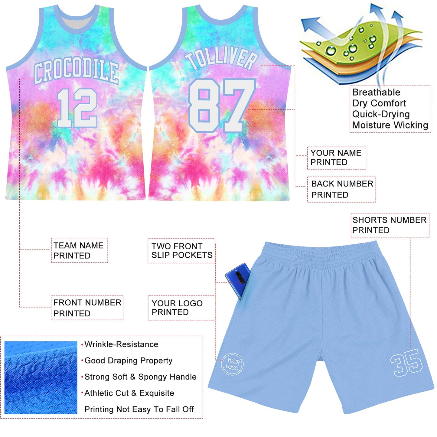 Custom Tie Dye White-Light Blue Round Neck Sublimation Basketball Set Jersey view 3