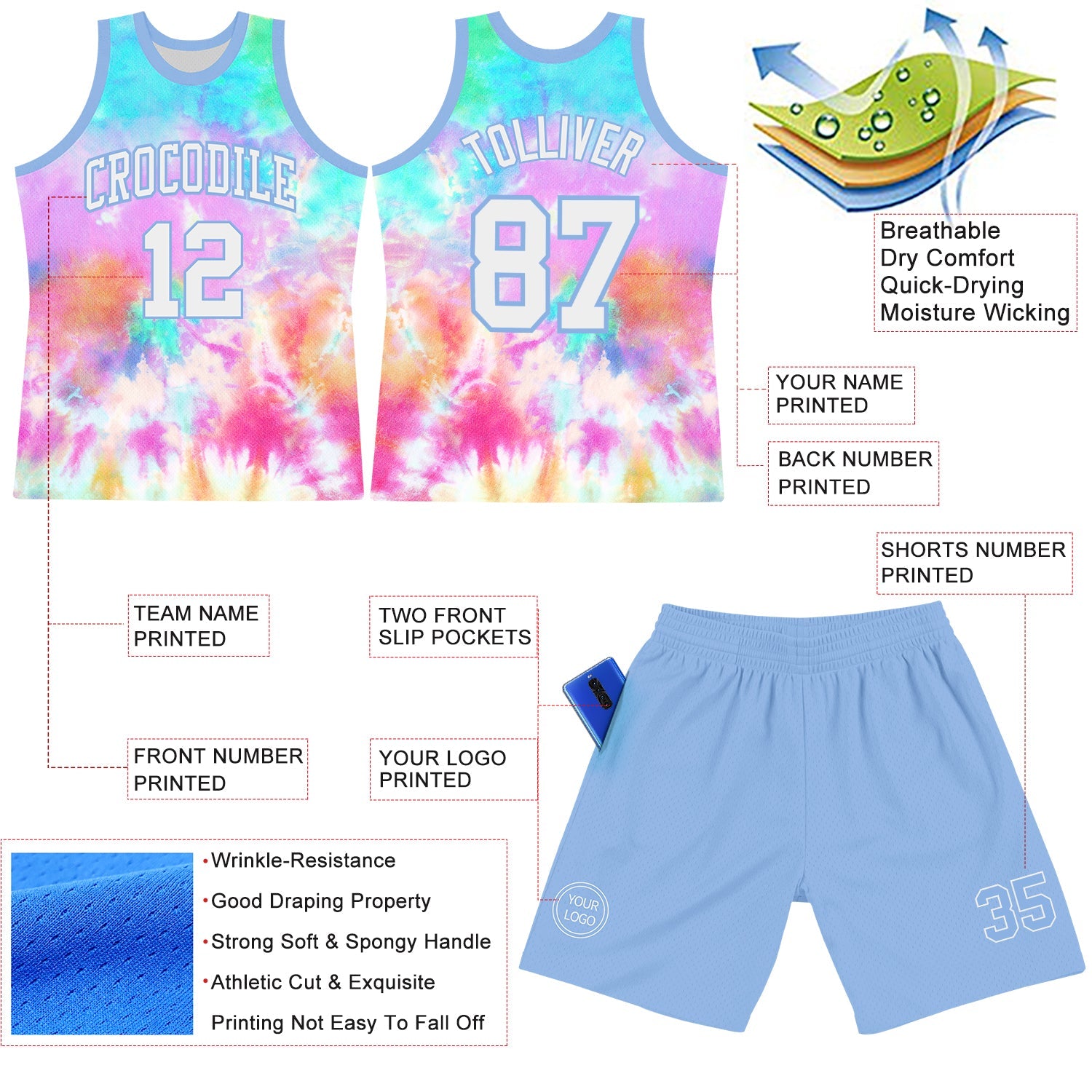 Custom Tie Dye White-Light Blue Round Neck Sublimation Basketball Set Jersey view 3