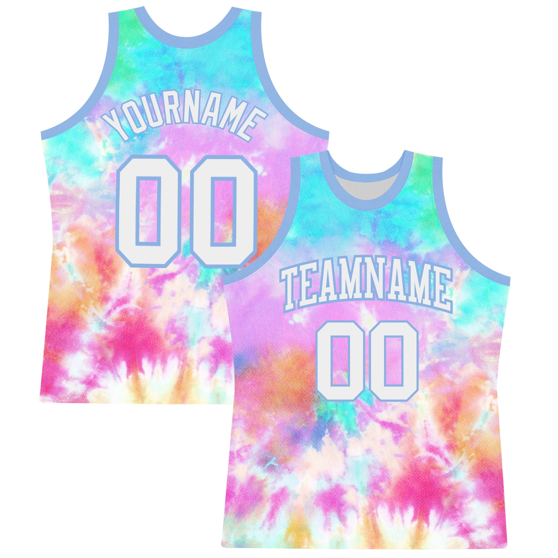Custom Tie Dye White-Light Blue Round Neck Sublimation Basketball Set Jersey - Main View
