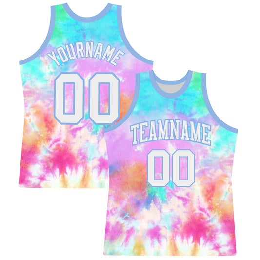Custom Tie Dye White-Light Blue Round Neck Sublimation Basketball Set Jersey - Main View